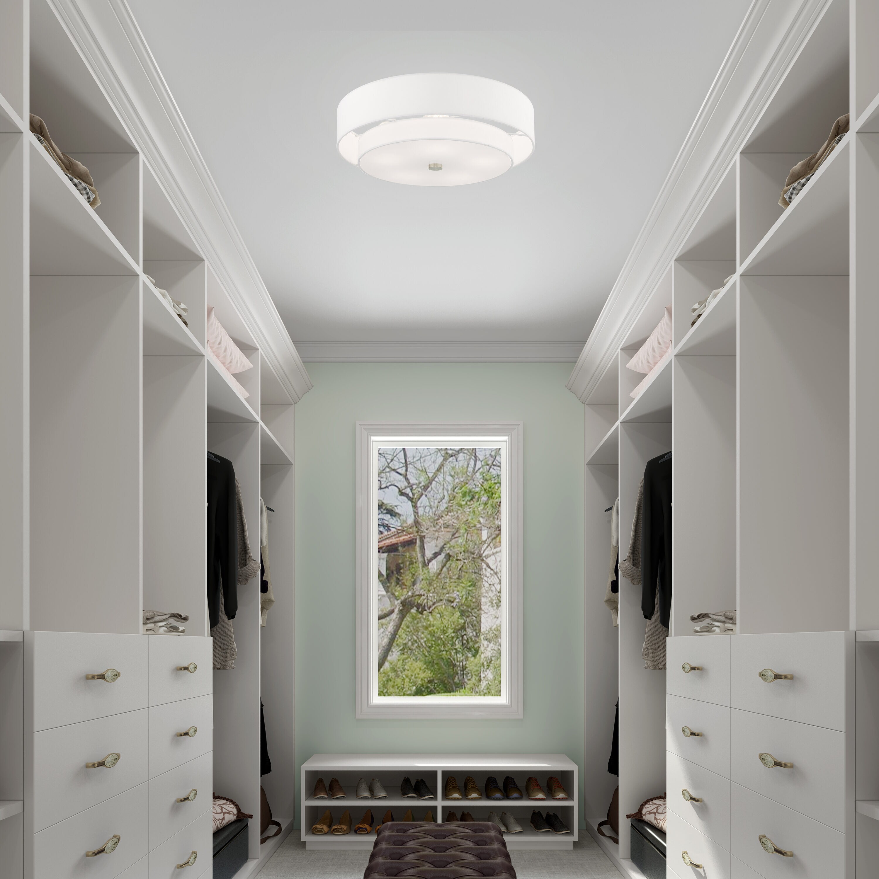 Meridian Brushed Nickel 5-Light Indoor Drum Flush Mount with Off-White Shade