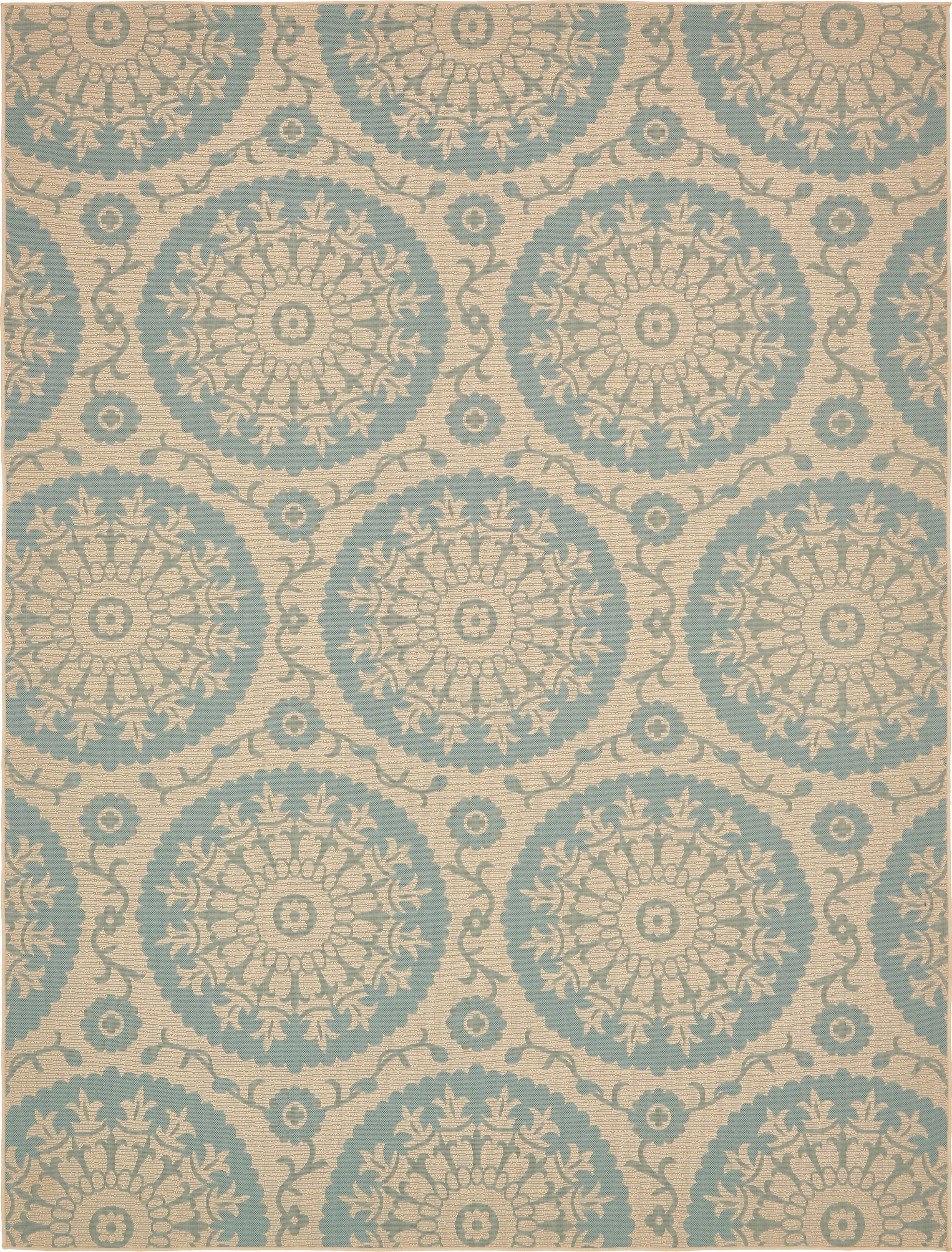 Unique Loom 3135458 Medallion Outdoor 9 x 12 (ft) Loomed Polypropylene Aqua Rectangular Indoor/Outdoor Geometric Global Area rug