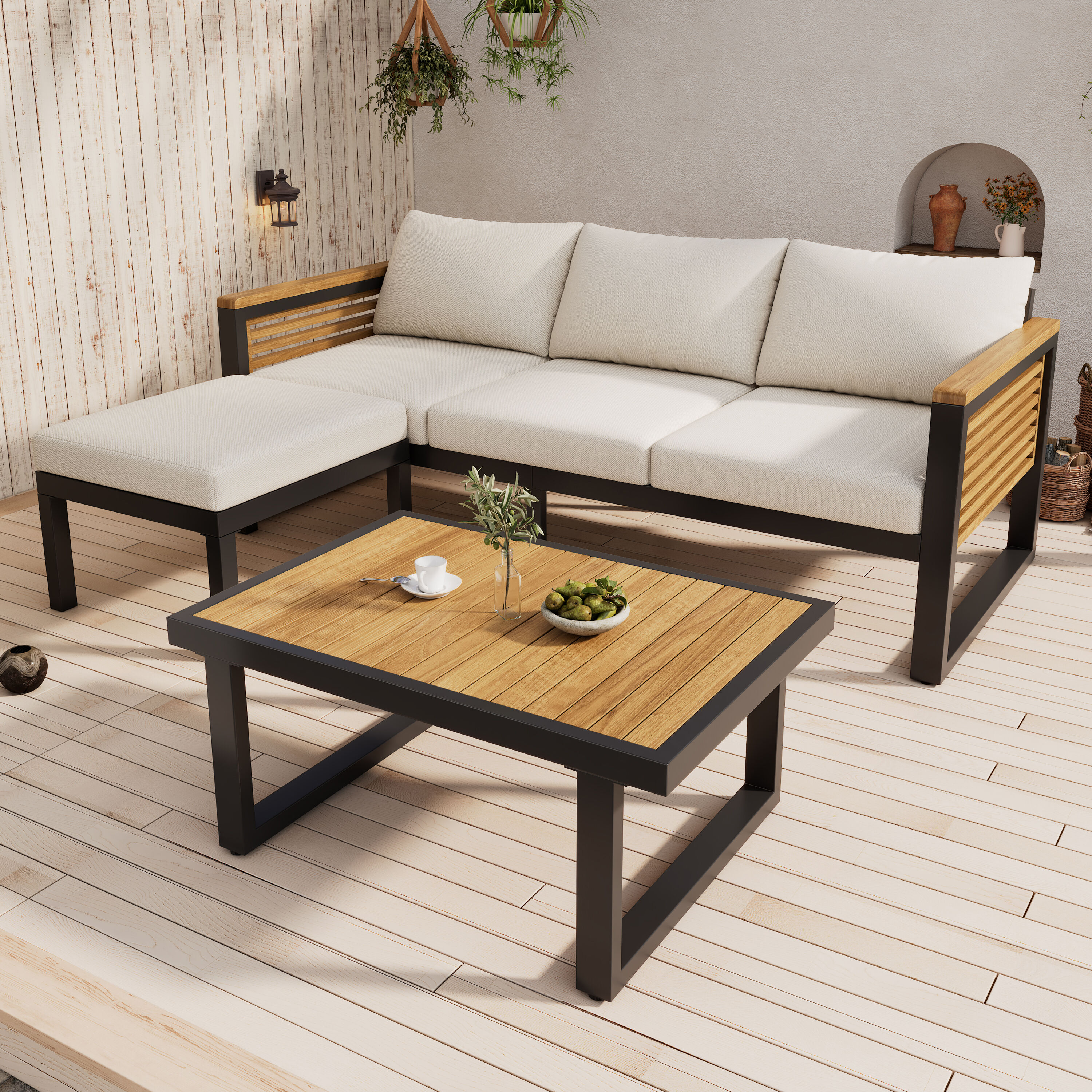 Christopher Knight Home 328932 Mason 3 Piece Acacia Wood and Metal Patio Sofa Set for Stylish Outdoor Comfort-Teak Finish+Black+Beige