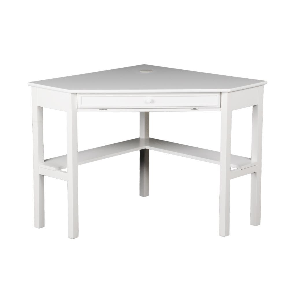 Modern White Wooden Corner Desk with Keyboard Tray and Drawer