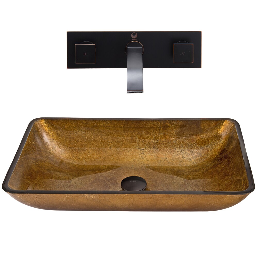 VIGO VGT358 Glass Sink and Vessel Faucet Set Copper Tempered Glass Vessel Rectangular Bathroom Sink with Faucet Drain Included (22.25-in x 14.25-in)
