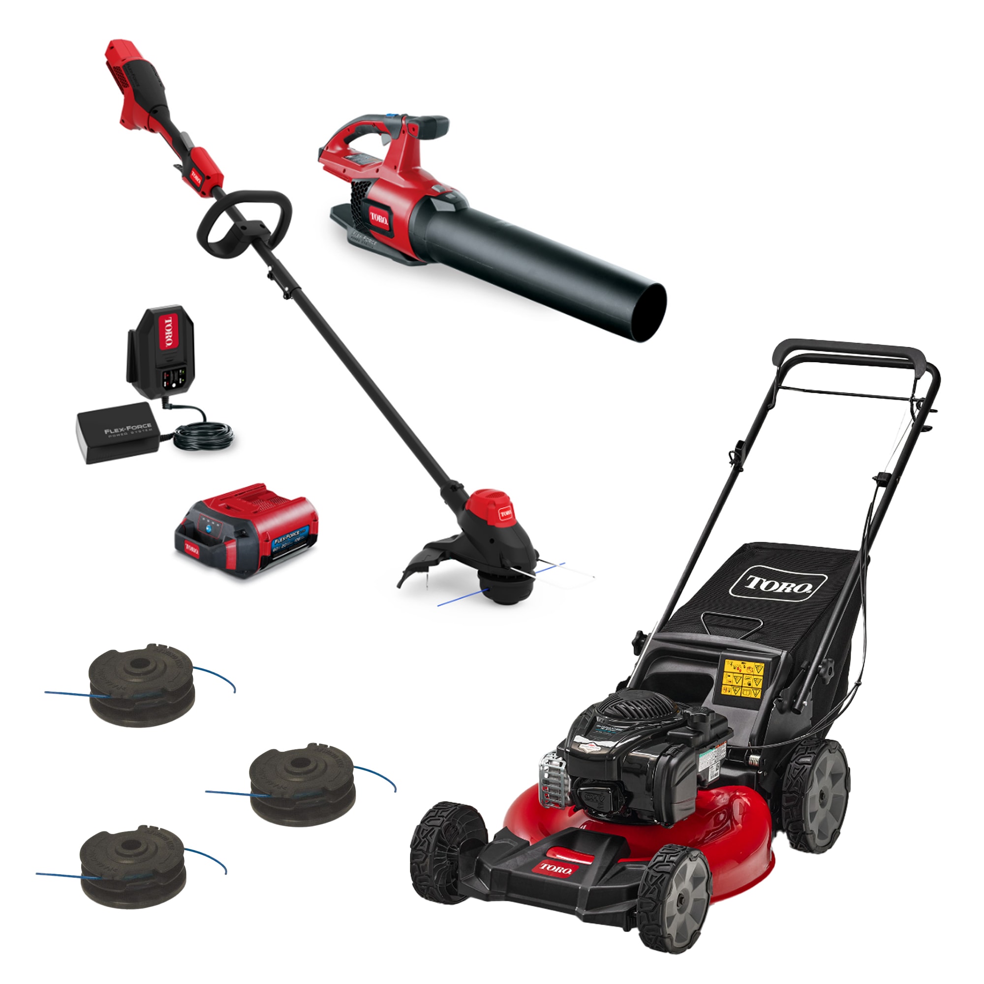 Toro Recycler 21-in Gas Self-propelled Lawn Mower & Flex-Force 60-volt Max Cordless Battery String Trimmer, Trimmer Line and Leaf Blower Combo Kit