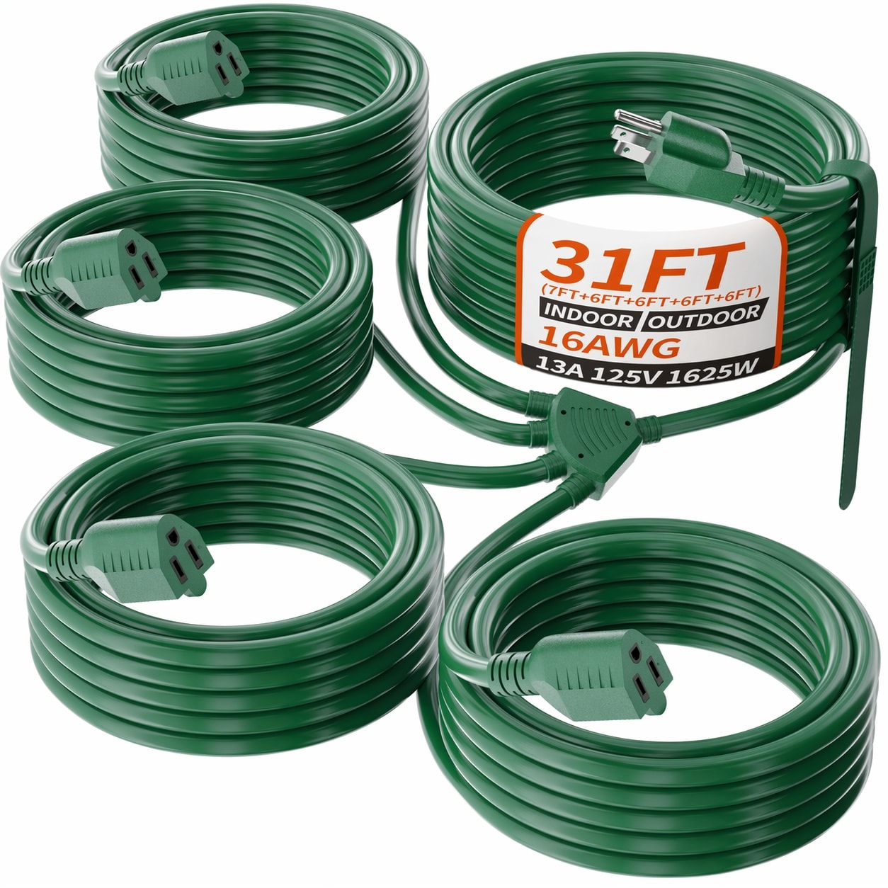 Aoibox  Outdoor 1 to 4 Extension Cord Splitter 31 Foot Total 4 Outlets Green 16AWG SJTW 1625W ETL Home Office