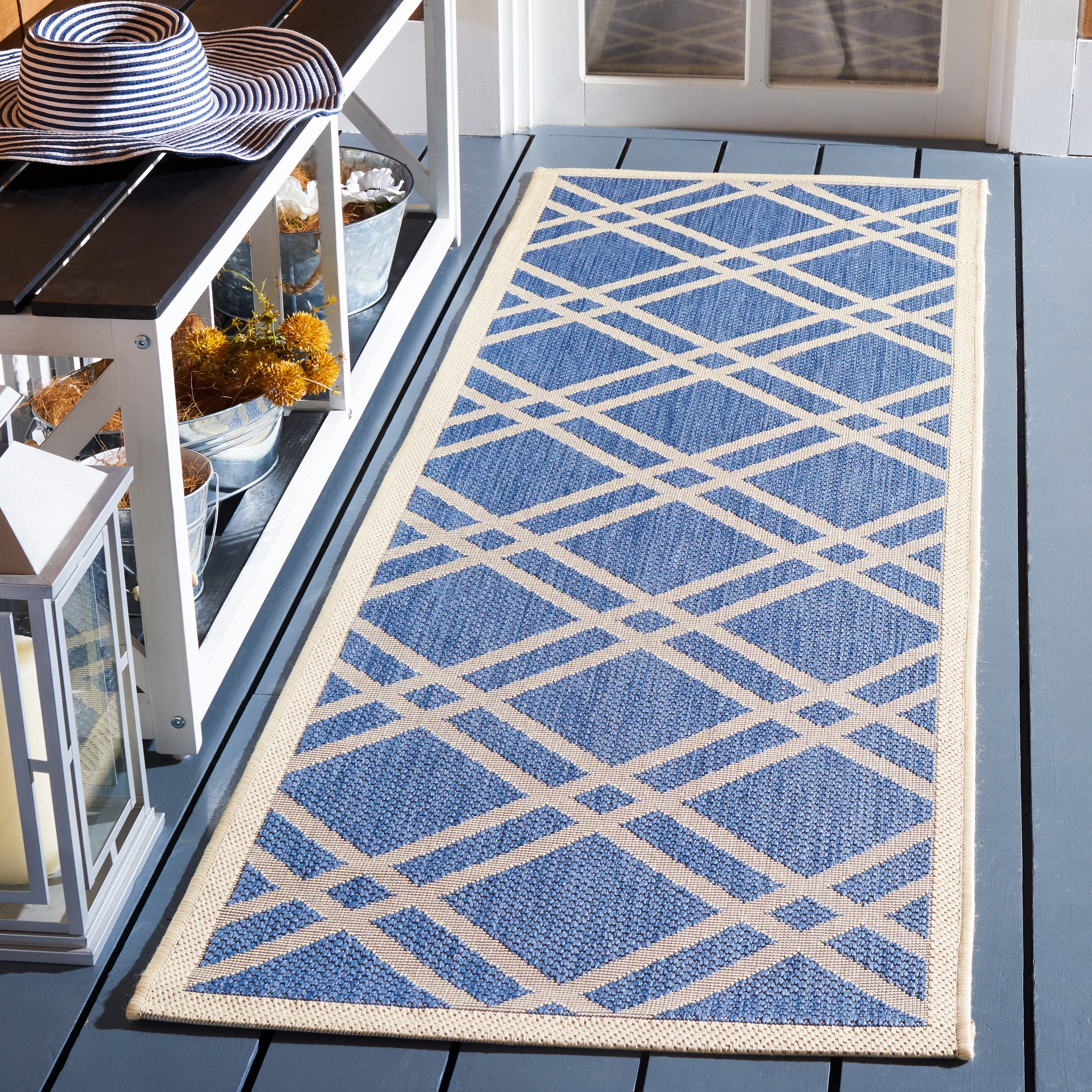 Safavieh CY6923-243-27 Courtyard Eden 2 x 7 (ft) Loomed Polypropylene Blue/Beige Rectangular Indoor/Outdoor Trellis Runner rug