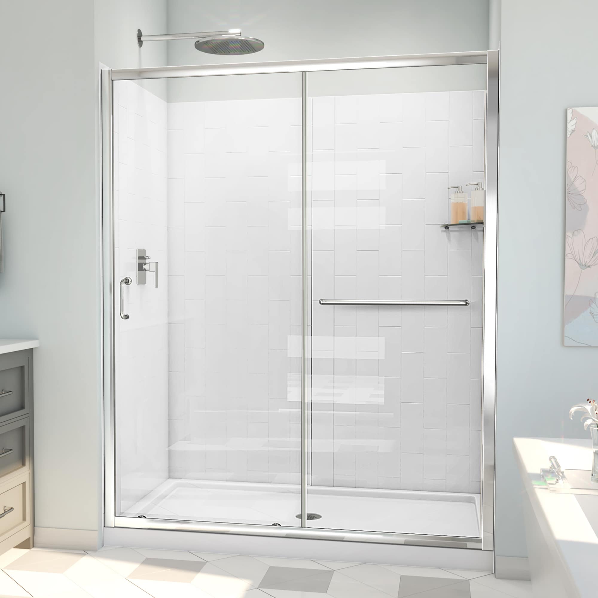 DreamLine Infinity-Z White 3-Piece 30-in x 60-in x 79-in Rectangular Alcove Shower Kit (Center Drain) with Base, Wall and Door Included
