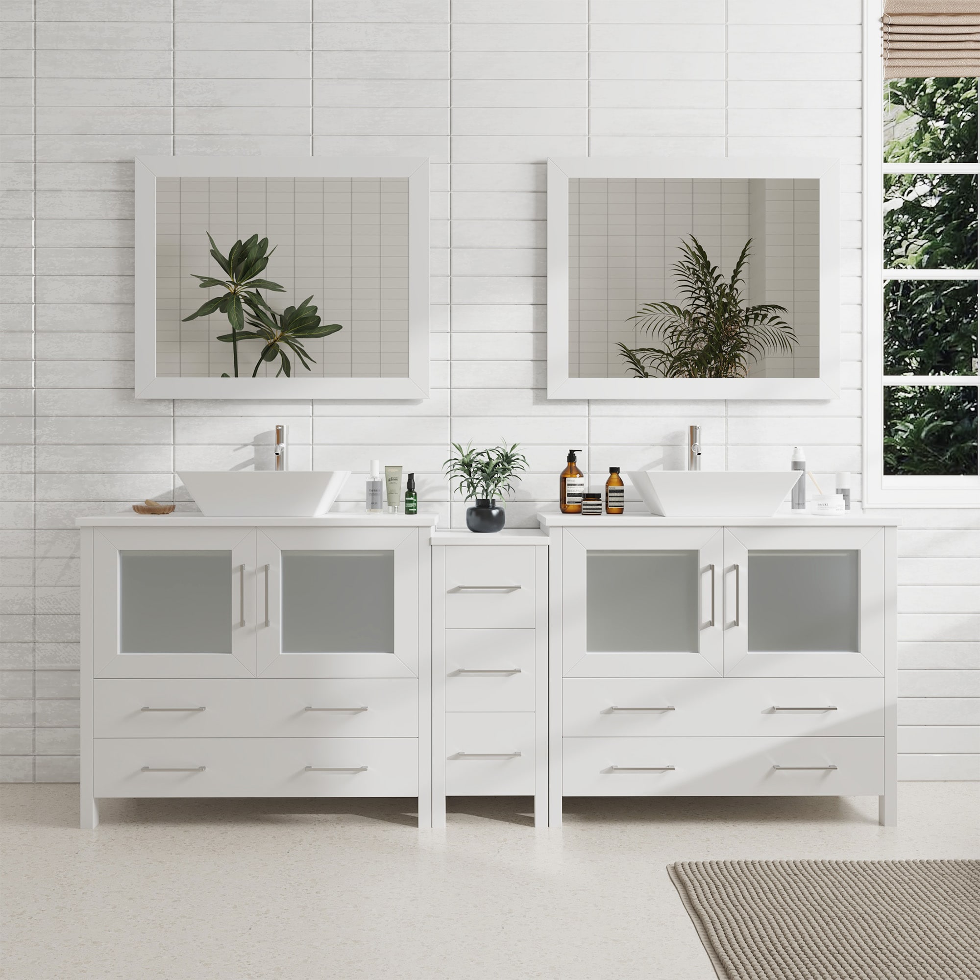 Vanity Art VA3136-84W Ravenna 84-in White Double sink Bathroom Vanity with White Engineered marble Top (Mirror Included)