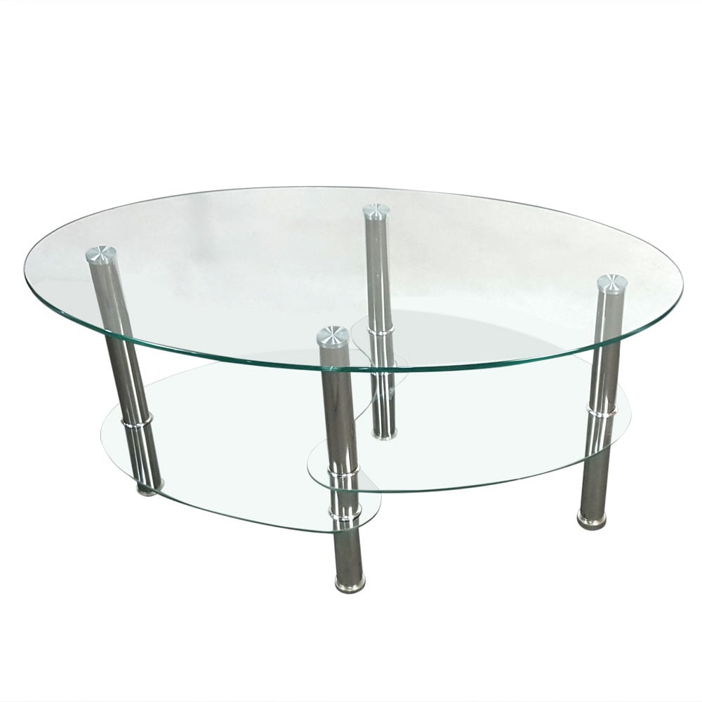 Oval Tempered Glass Side Coffee Table Bars w/ Shelf Living Room Furniture Clear 