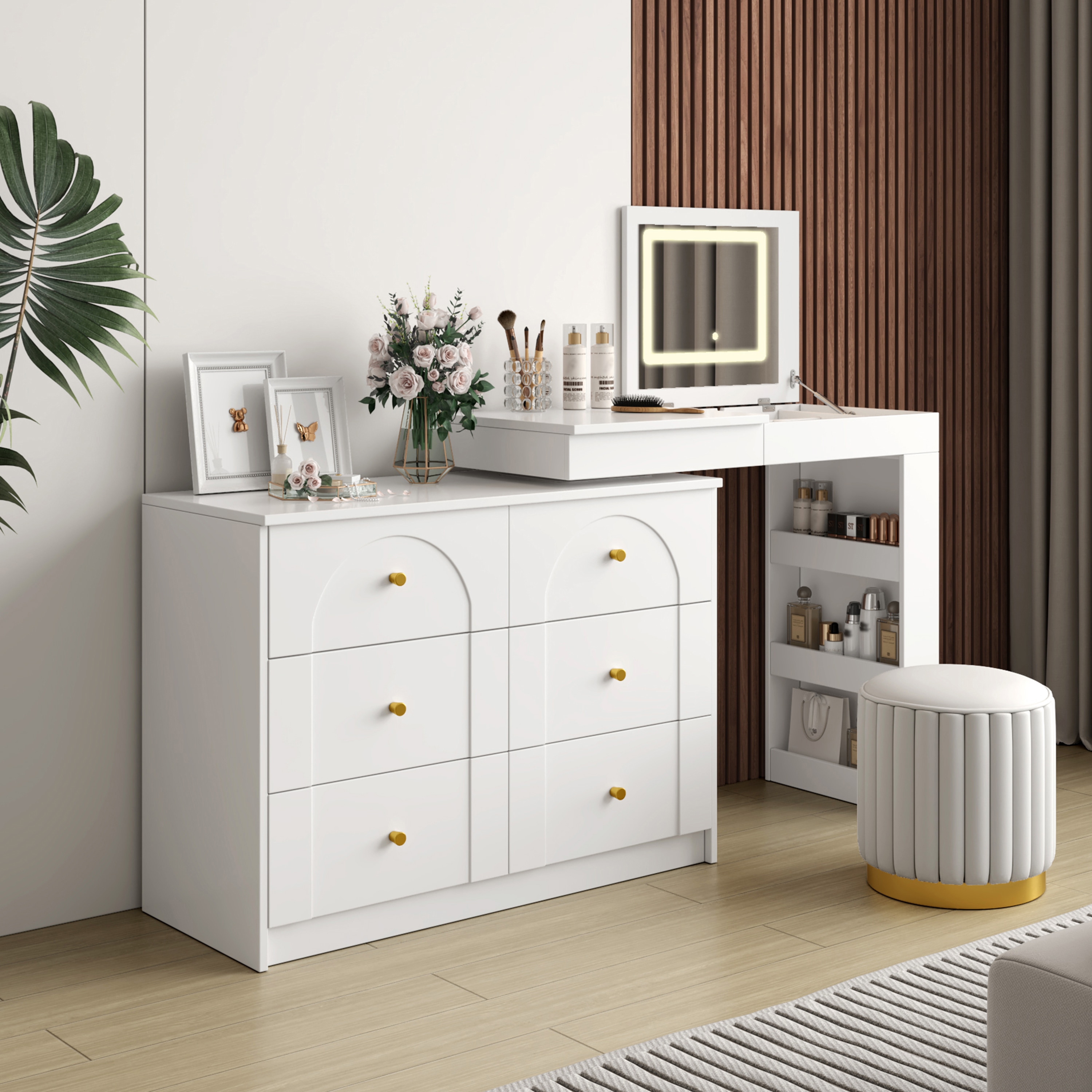 LOVMOR SF-R-N733P279096K Vanity Desk with Mirror and Lights Makeup Vanity Table with Flip-Top Tabletop and Storage