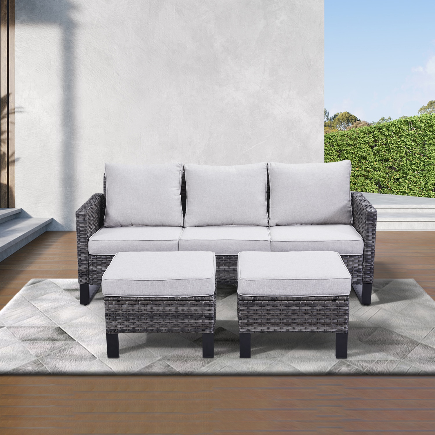 Rilyson U Wicker Outdoor Sofa with Beige Cushions and Wicker Frame in ...