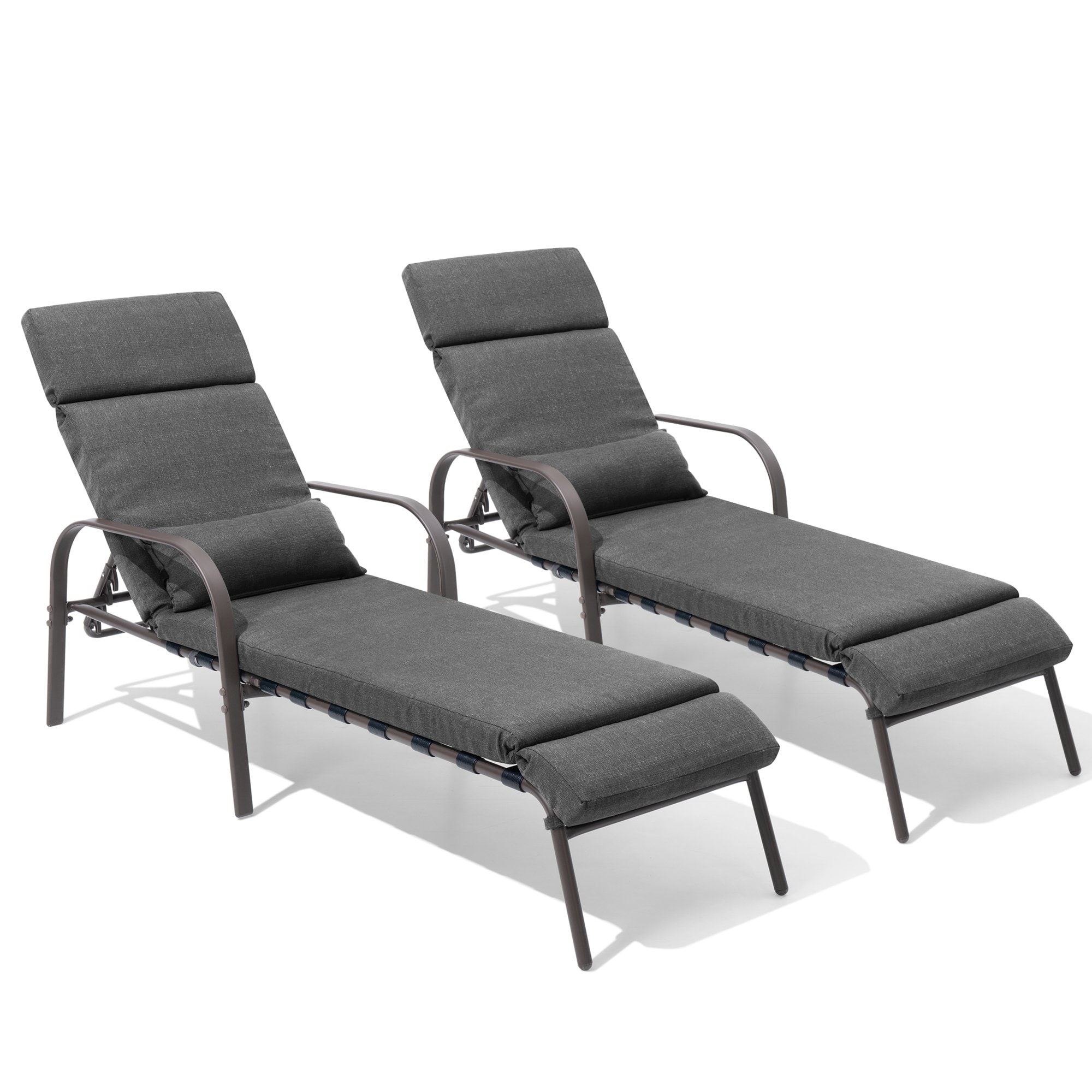 Crestlive Products CL-LG015DGY-2 Adjustable Chaise Lounge Chair with Cushion and Pillow Set of 2 Brown Metal Frame Stationary Chaise Lounge Chair with Gray Cushioned Seat