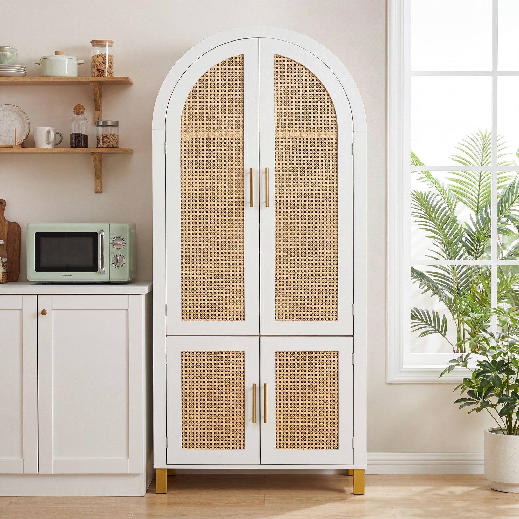 Tinyhomie 71 Inch Tall Arched Cabinet with Rattan Doors and Adjustable Shelves 4 Doors Modern Farmhouse Storage Cabinet