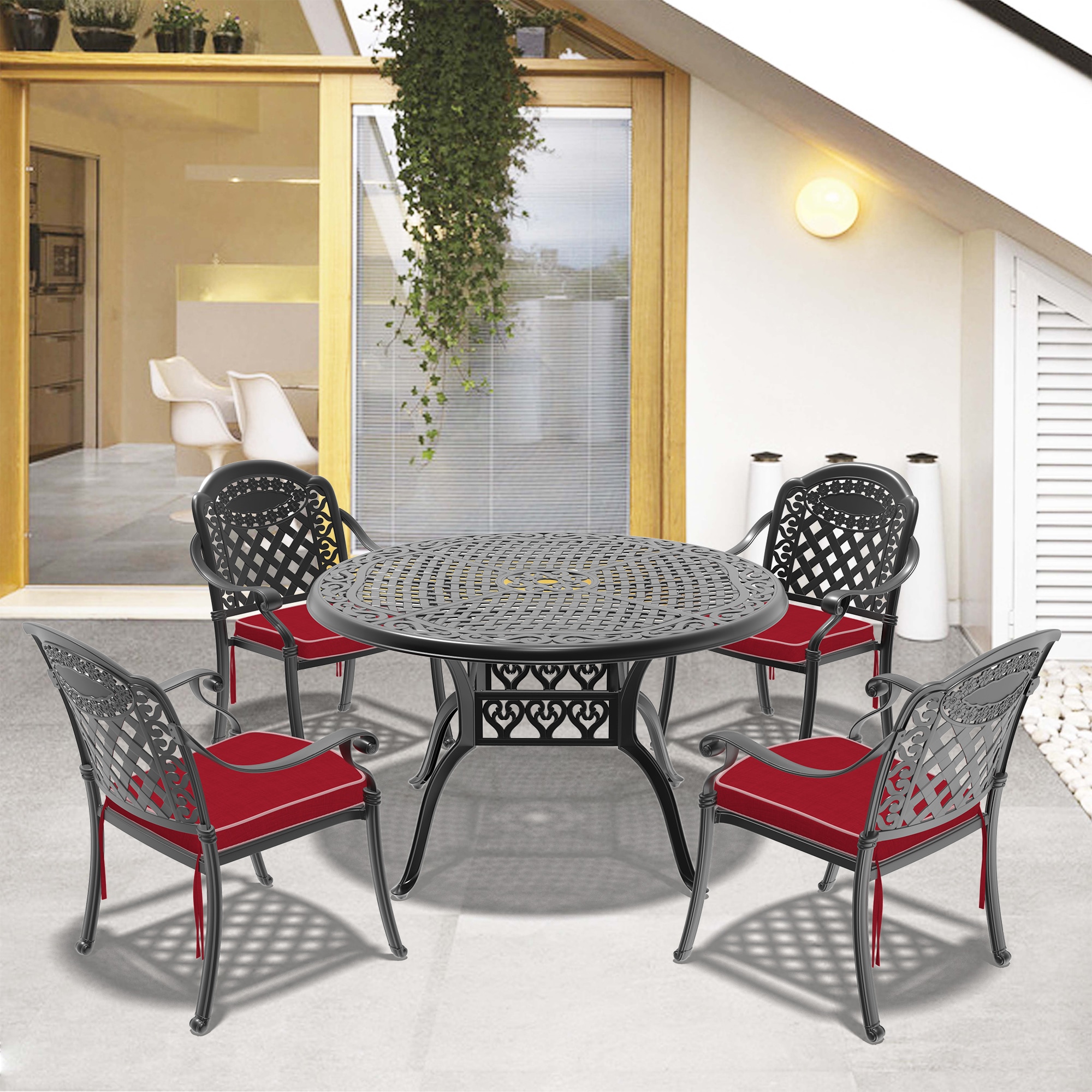 nicesure SLBK6008CZ4A1123RC 5 -Piece Black Patio Dining Set Aluminum Round Table with 4 Cushions Stackable Stationary Chairs