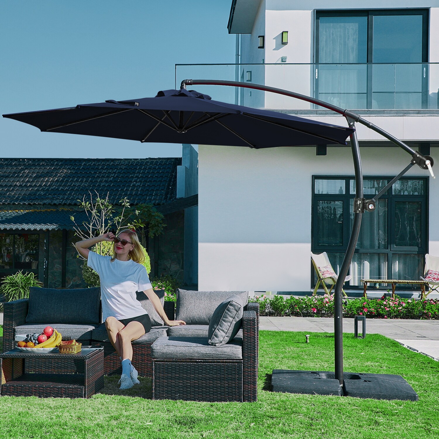 JEAREY 10-ft Solid Color Crank Offset Patio Umbrella With Base In The ...