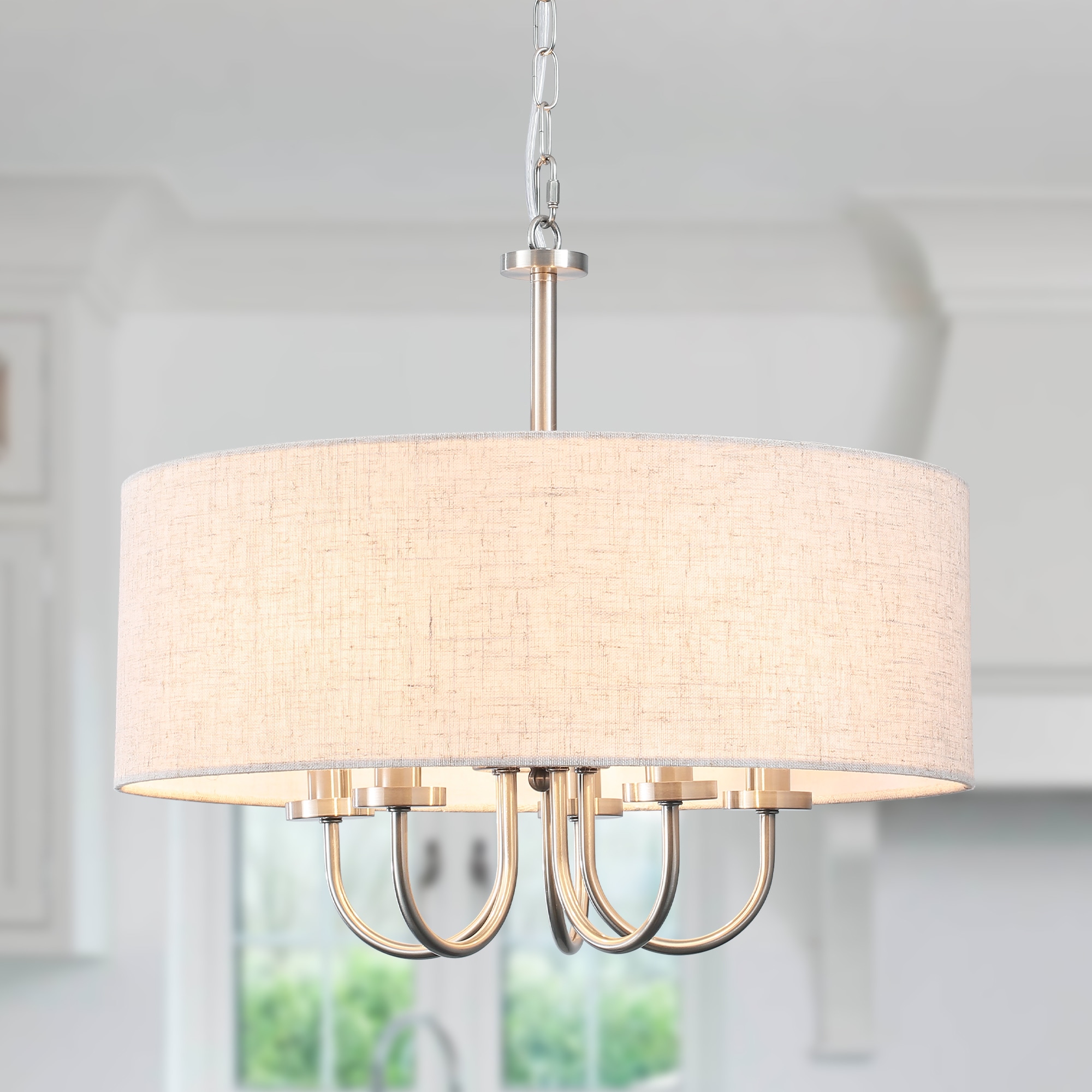 HLJYNJM 5-Light Farmhouse Nickel Drum Chandelier with White Fabric Shade for Dining Room Bedroom Hallway