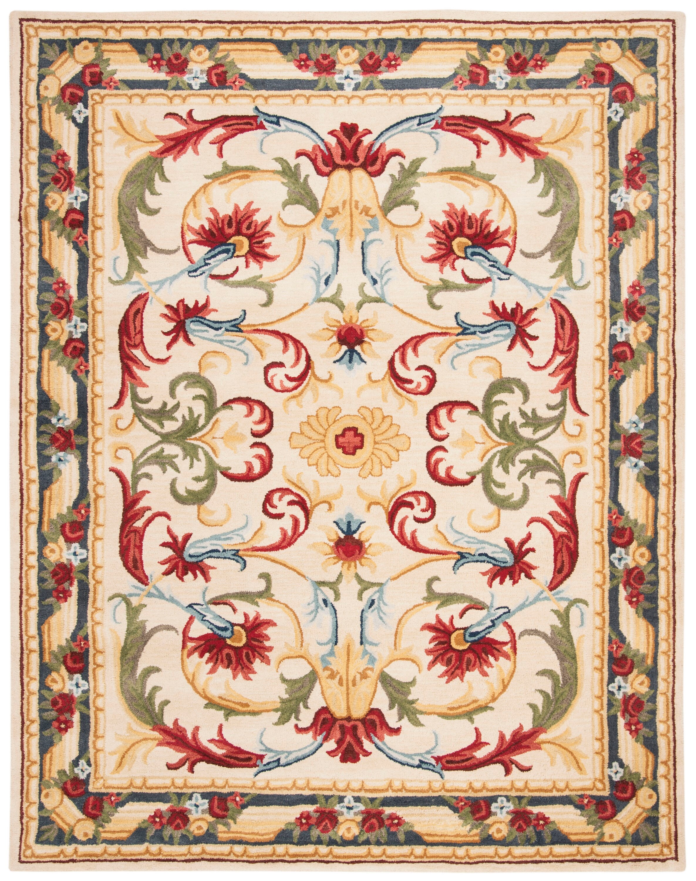Ivory and Green Floral Handmade Wool Area Rug