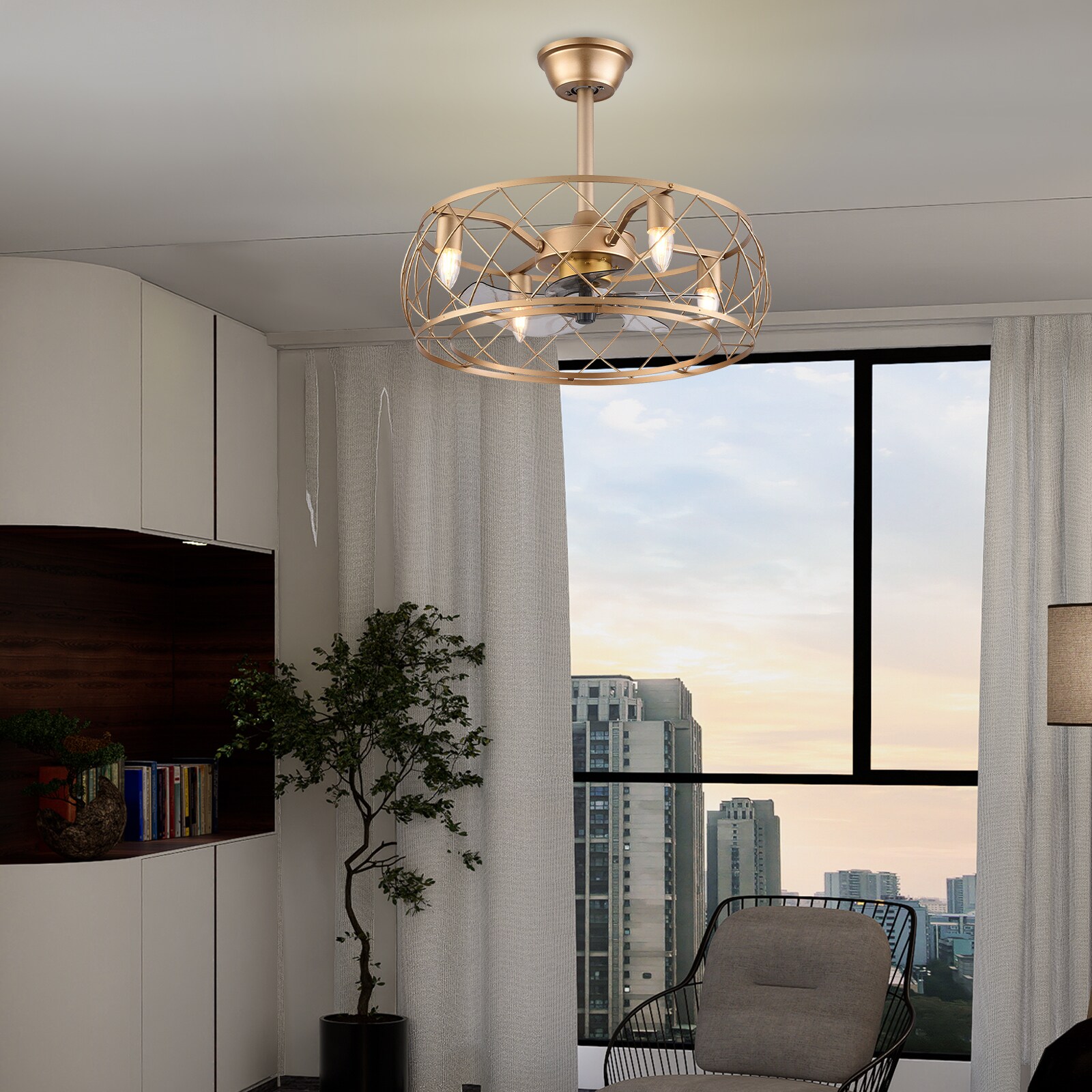 20" Gold Aluminum Caged Ceiling Fan with LED Light and Remote