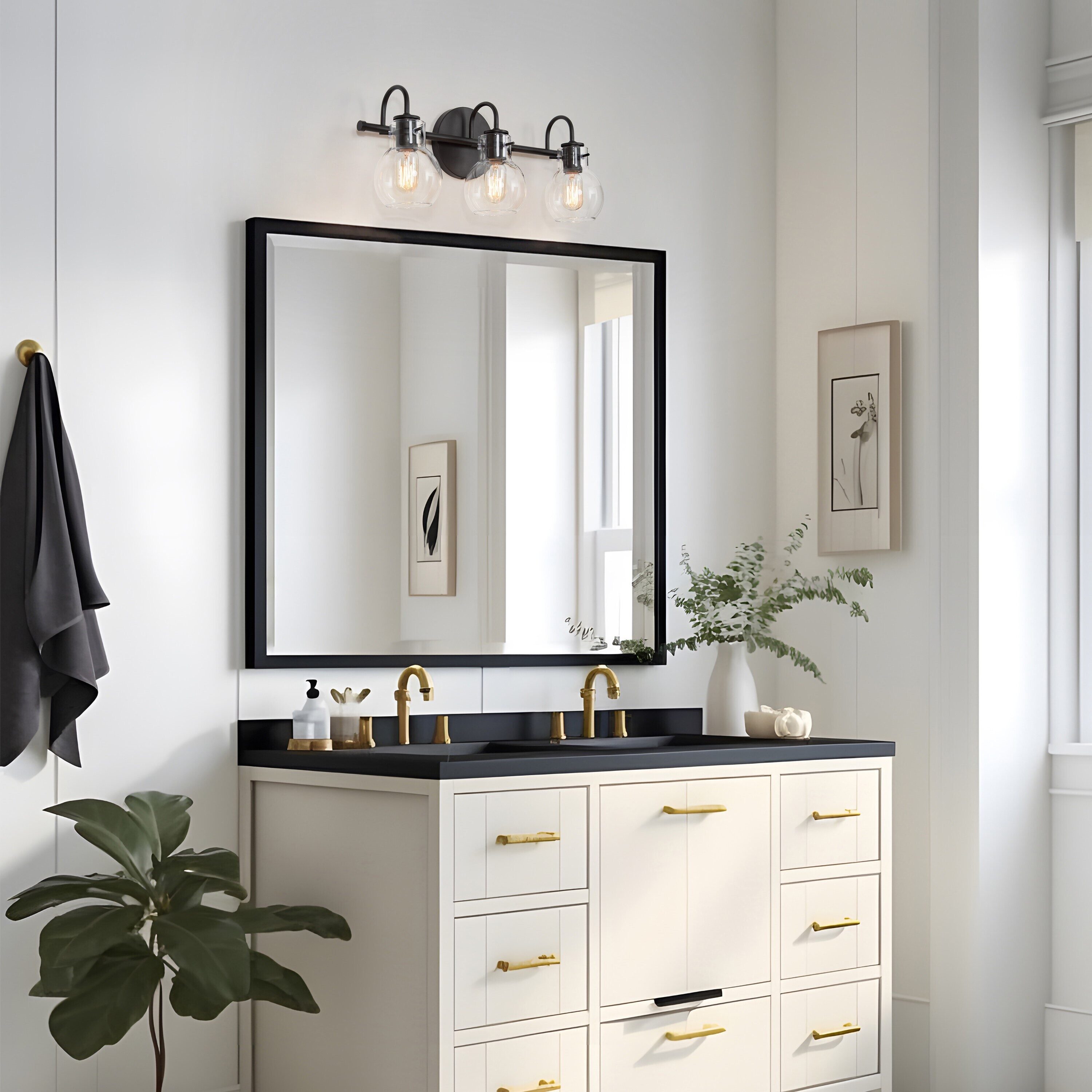 LNC 22 in. 3-Light Modern Aged Brass and Black Bathroom Vanity