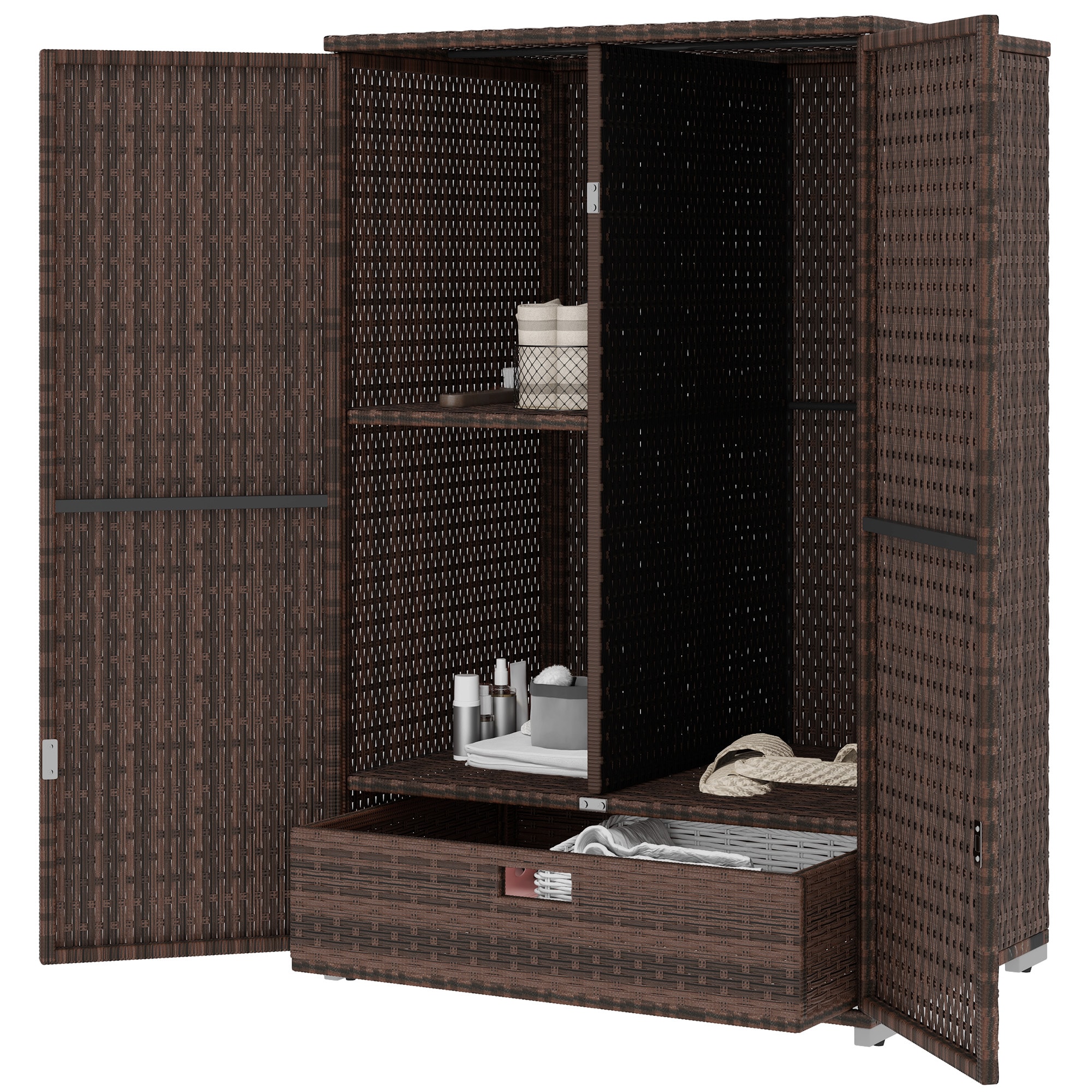 Outsunny 865-014V00MB Wicker Outdoor Storage Cabinet with Shelves 2 Door Rattan Pool Towel Storage Cabinet with Removable Shelf and Drawer Outdoor Towel Holder for Garden Backyard Porch Mixed Brown