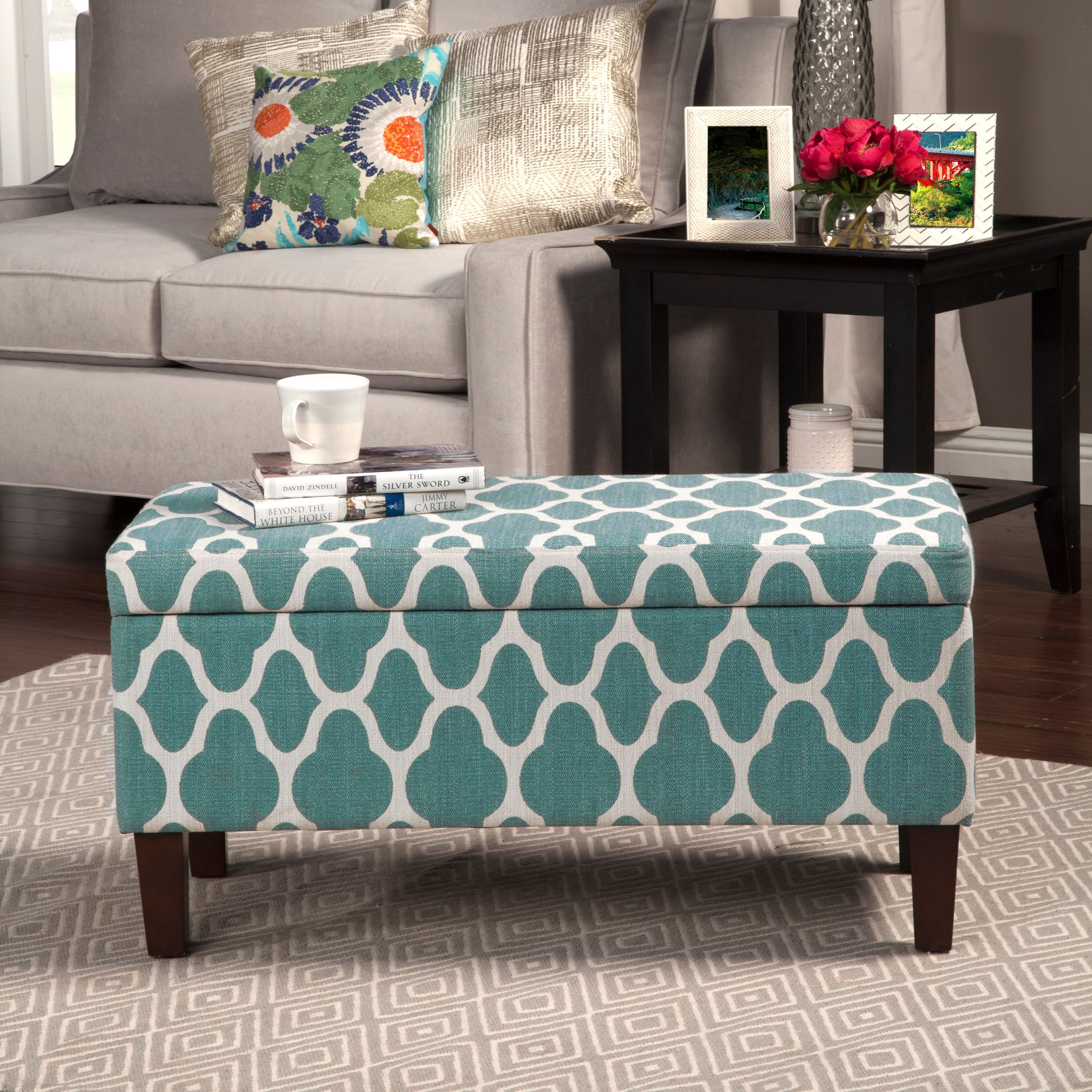 HomePop K6384NP-F2055 Drake Casual Teal Printed Quatrefoil Storage Bench with Storage 36-in x 16-in x 18-in