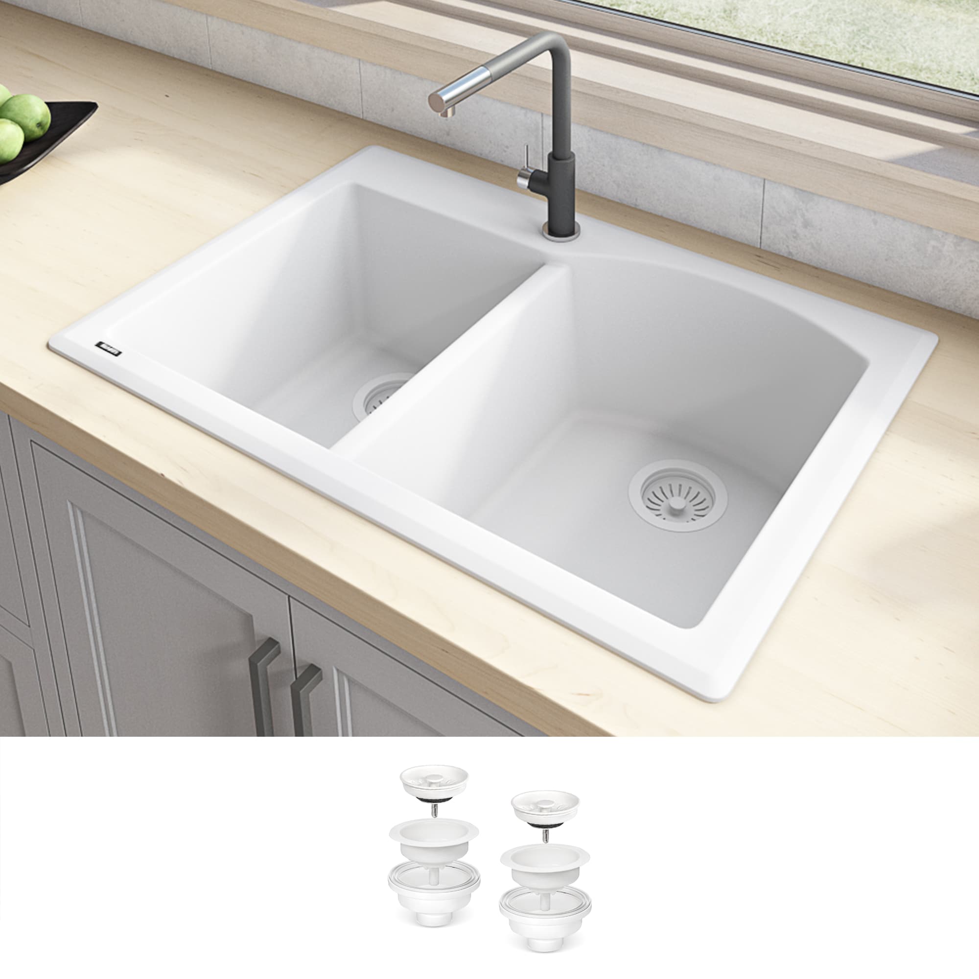 Ruvati RVG1344WH epiGranite Drop-in 33-in x 22-in Granite Double offset bowl 1-Hole Kitchen Sink