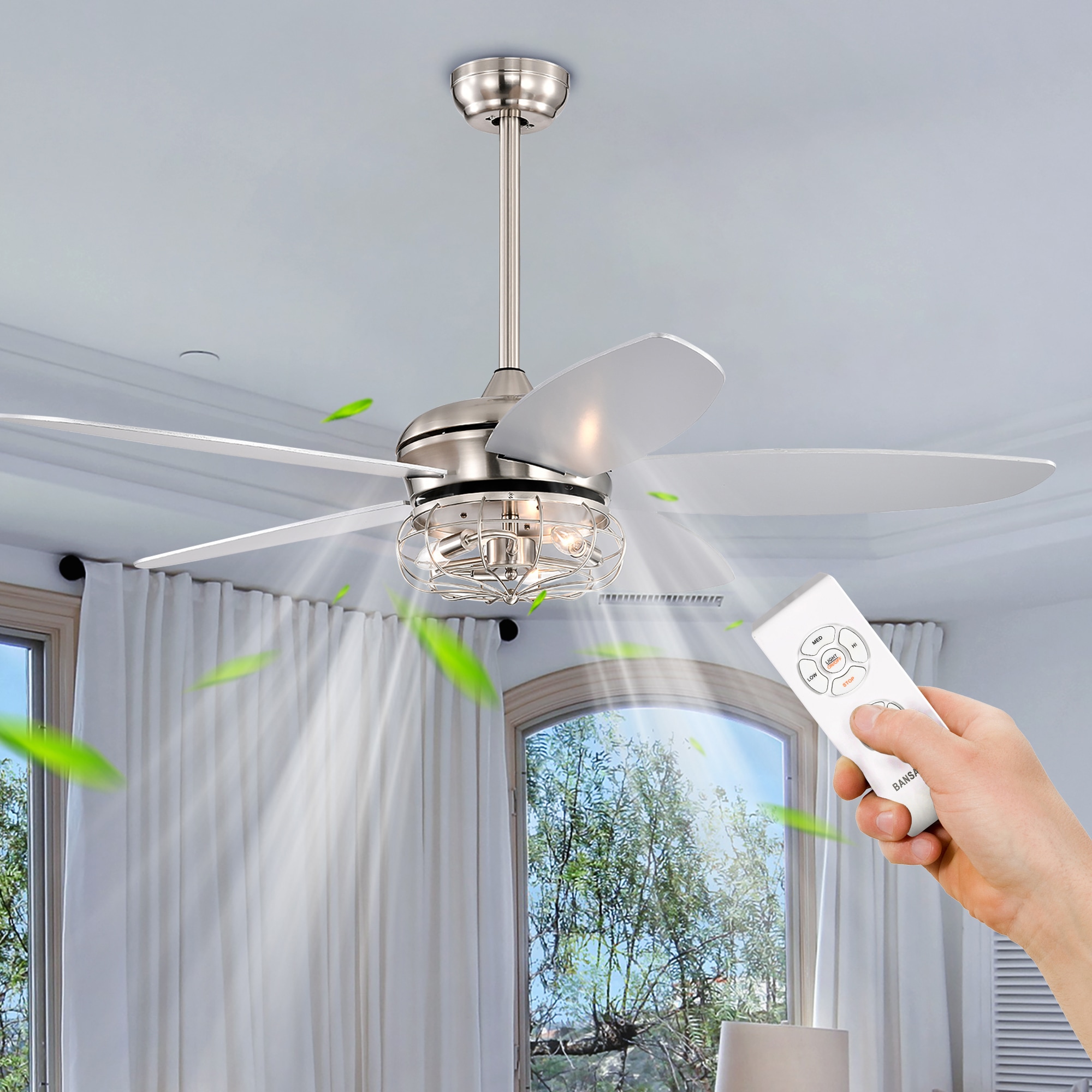 ExBrite DICF0084 52-Inches Brushed Nickel with Indoor Downrod mount Pendant Ceiling Fan With Light and Remote ( 5 -Blade)