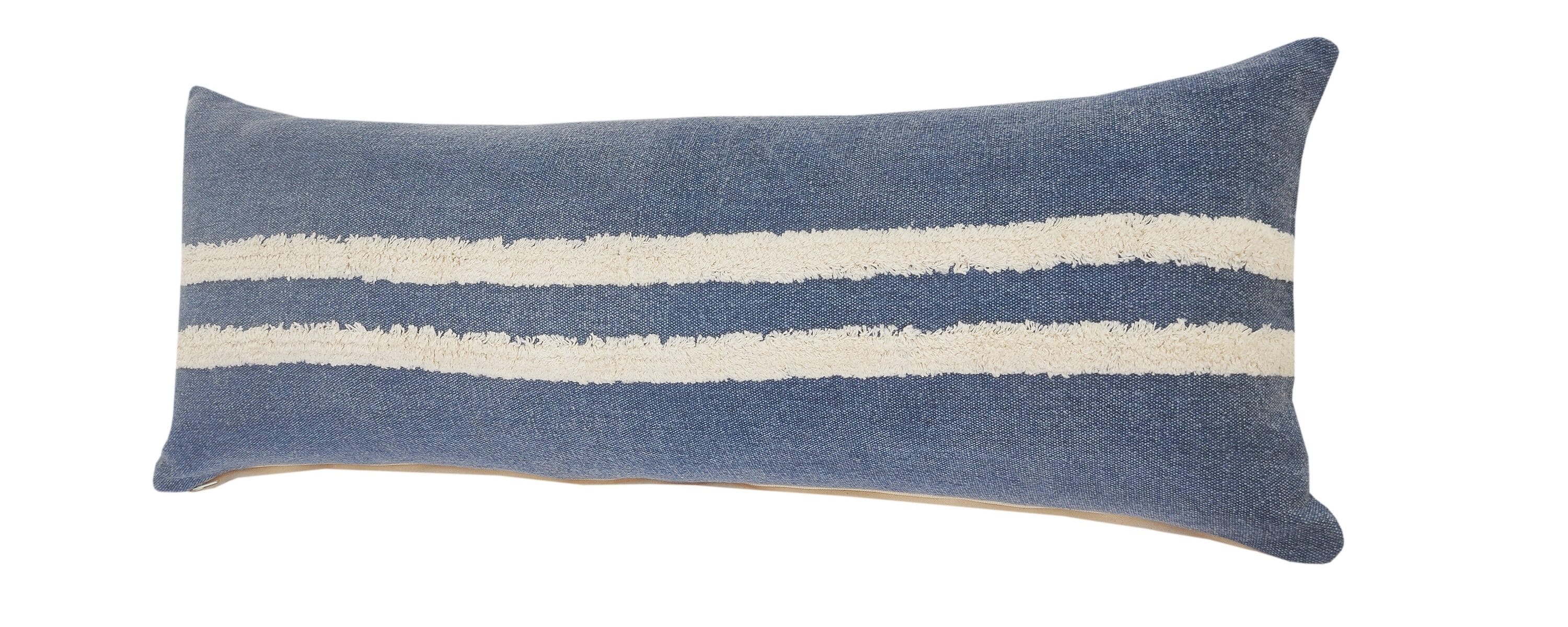 Dusty Blue and White Striped Tufted Lumbar Throw Pillow, 14" x 36"