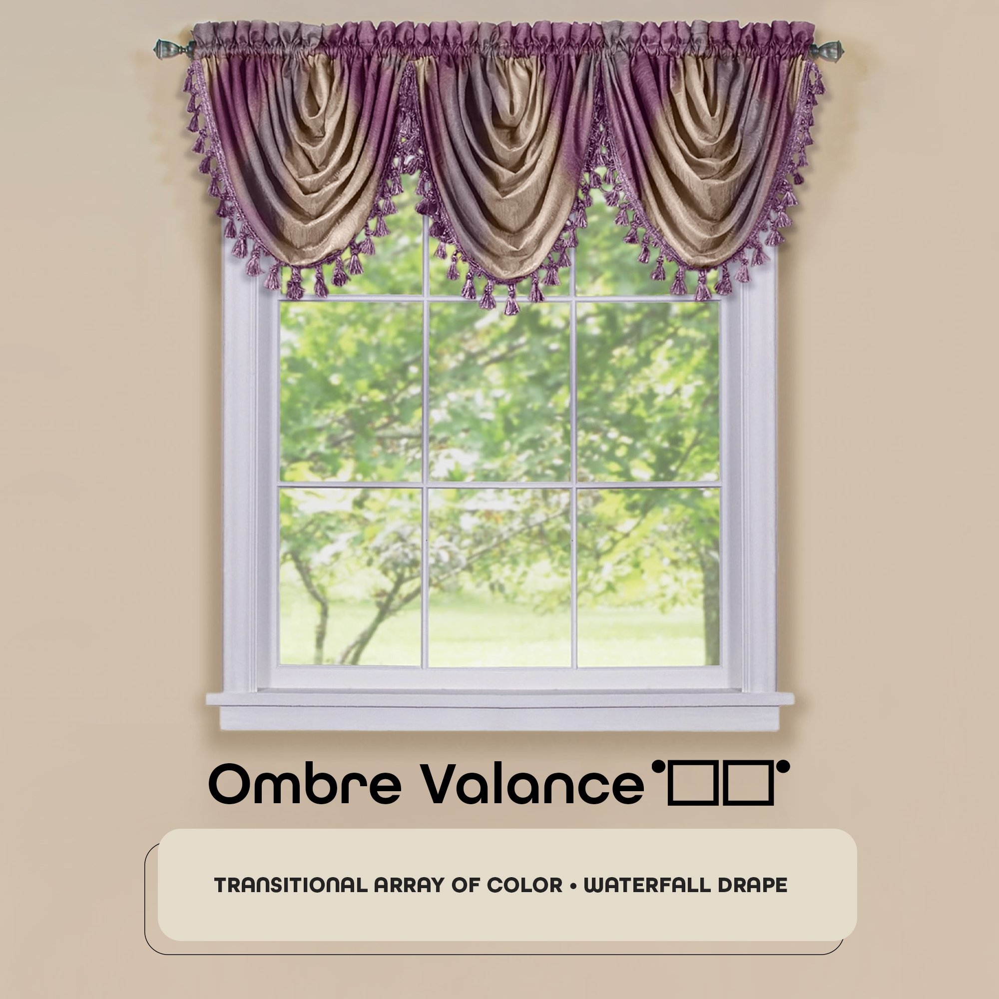 Aubergine Ombre Tasseled Waterfall Valance, 46" x 42" Polyester