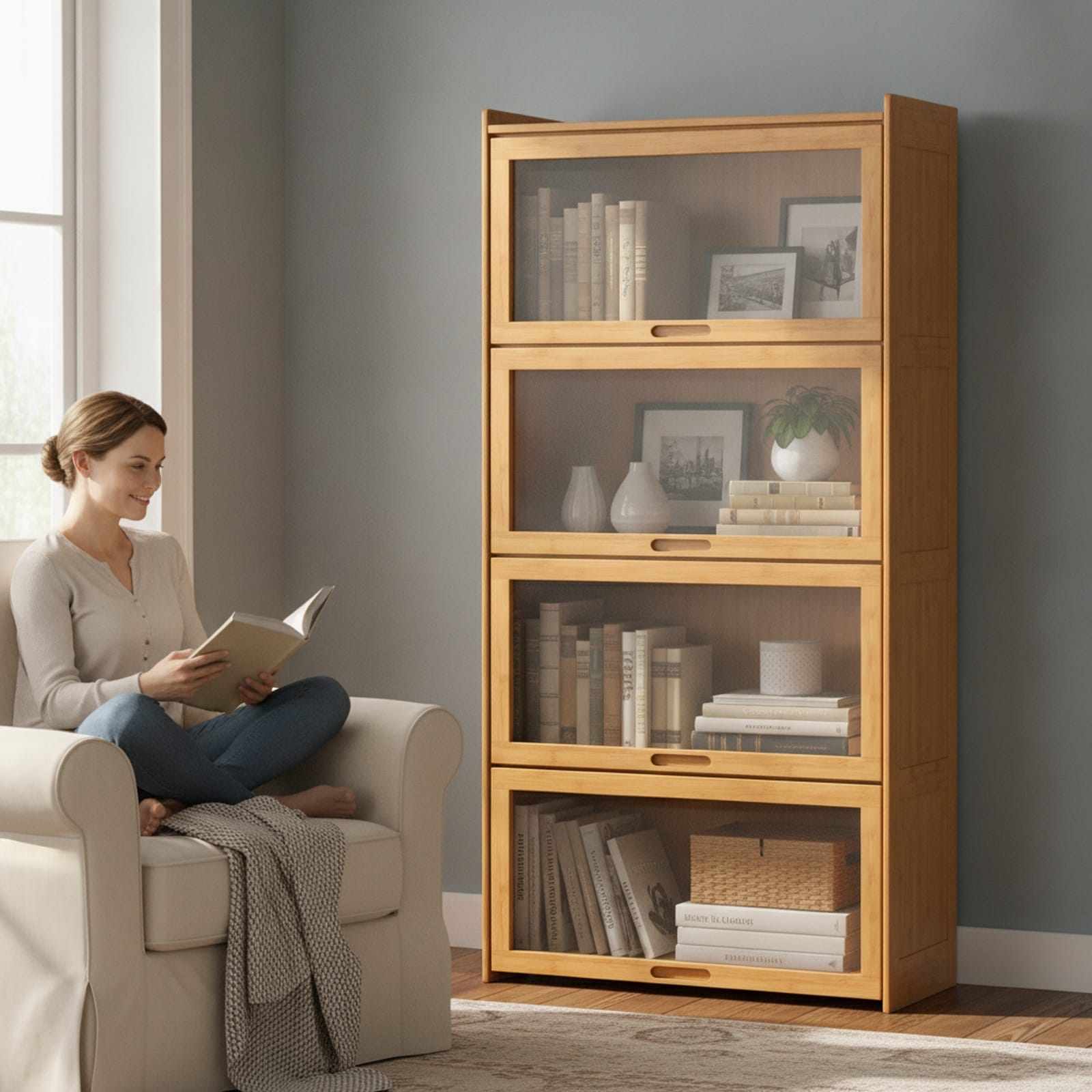 SUGIFT - 4 Tier Bamboo Bookcase with Doors Tall Bamboo Bookshelf with Acrylic Flip Doors and Anti...
