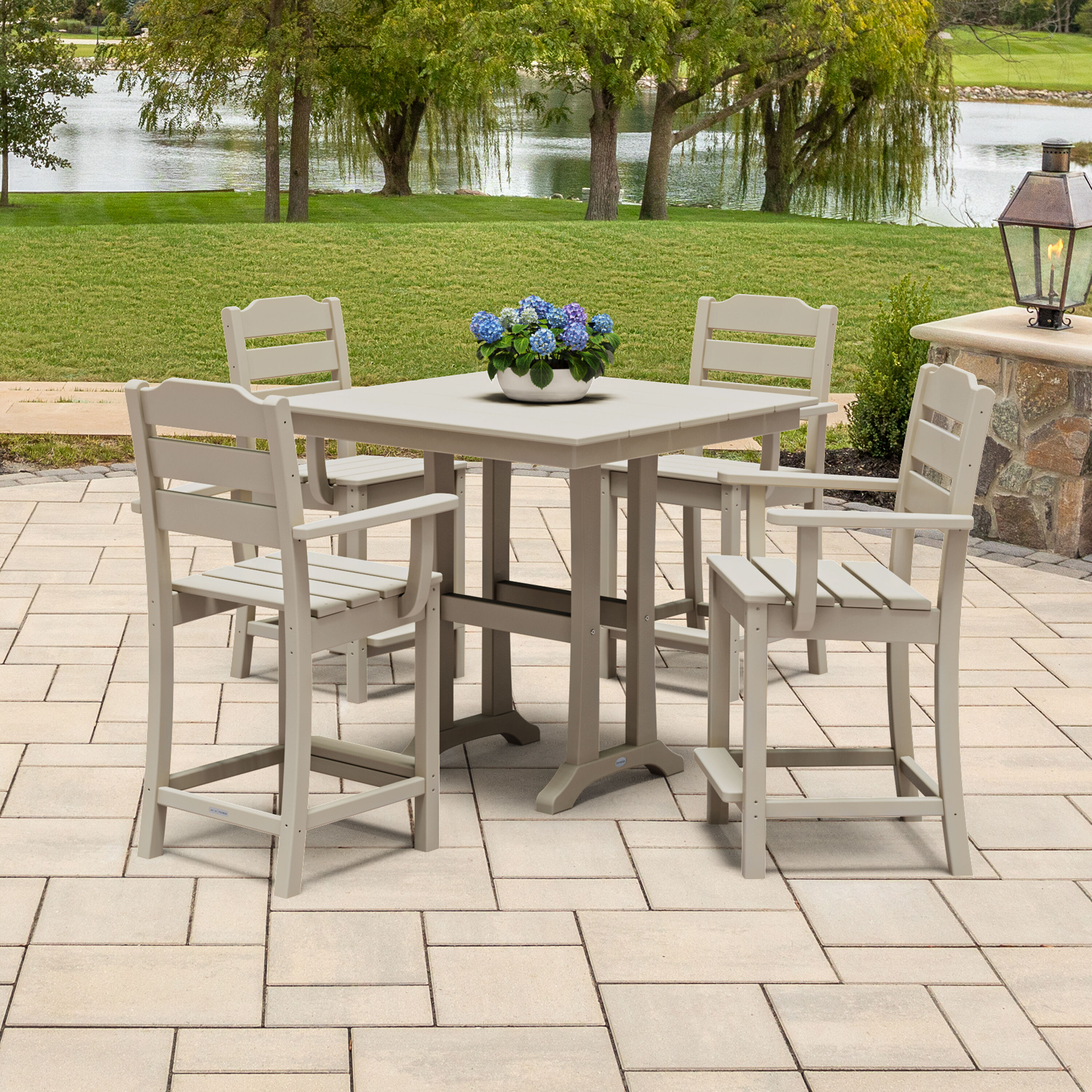 POLYWOOD PWS2536-1-SA Oakport 5 -Piece Sand Balcony Height Patio Dining Set Plastic Square Table with 4 Stationary Chairs