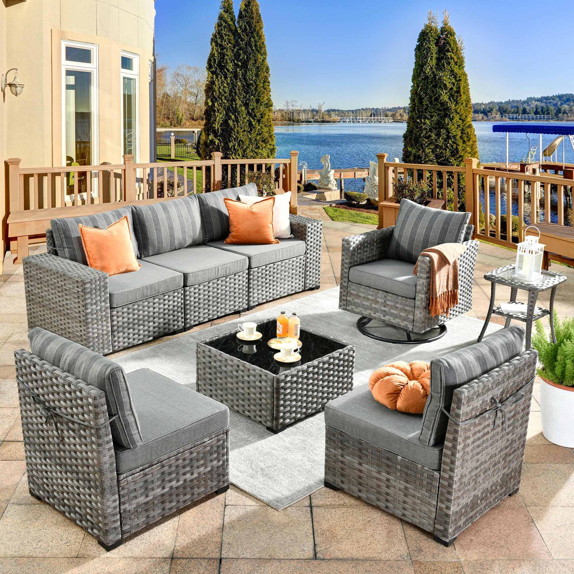 Ovios KFS20TY1 Shine Wicker Outdoor Sectional with Gray Cushions and Iron Frame