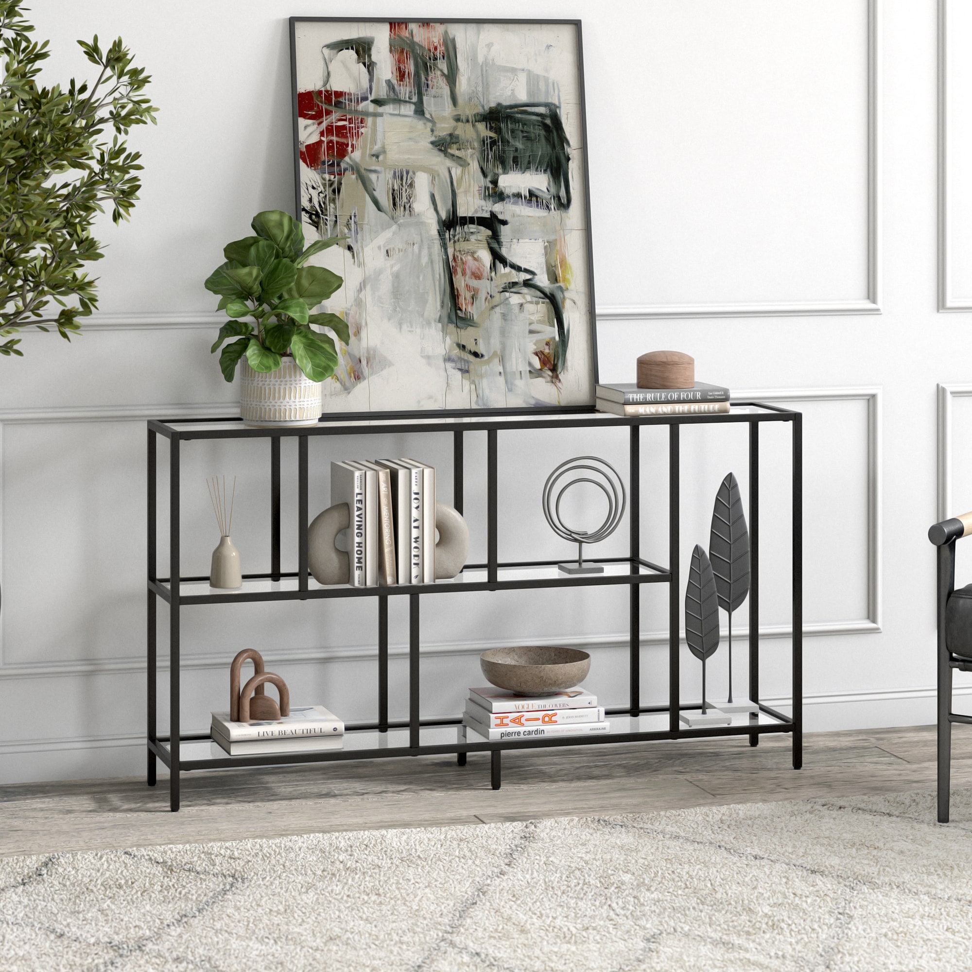 Modern Blackened Bronze 52" Console Table with Glass Shelves