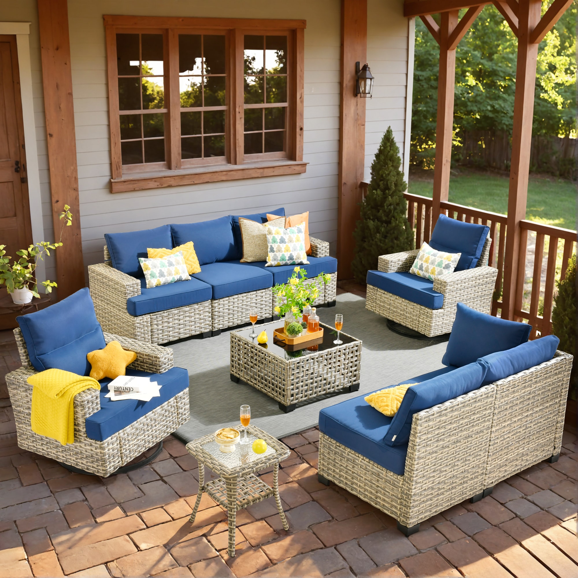 Pouuin STYZBS709 Wicker Outdoor Sectional with Navy Cushions and Wicker Frame
