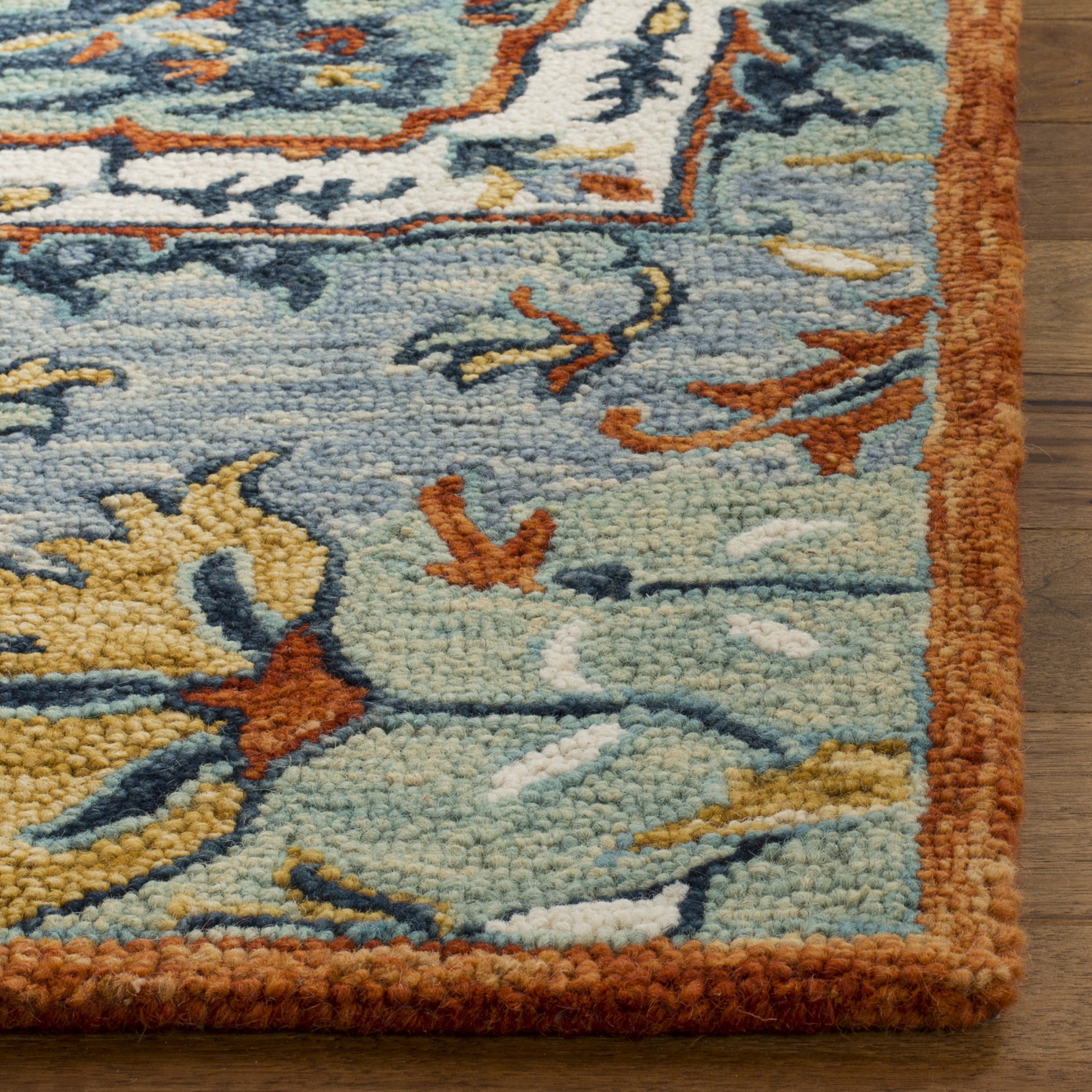 Bohemian Blue Floral Hand-Tufted Wool Rectangular Rug