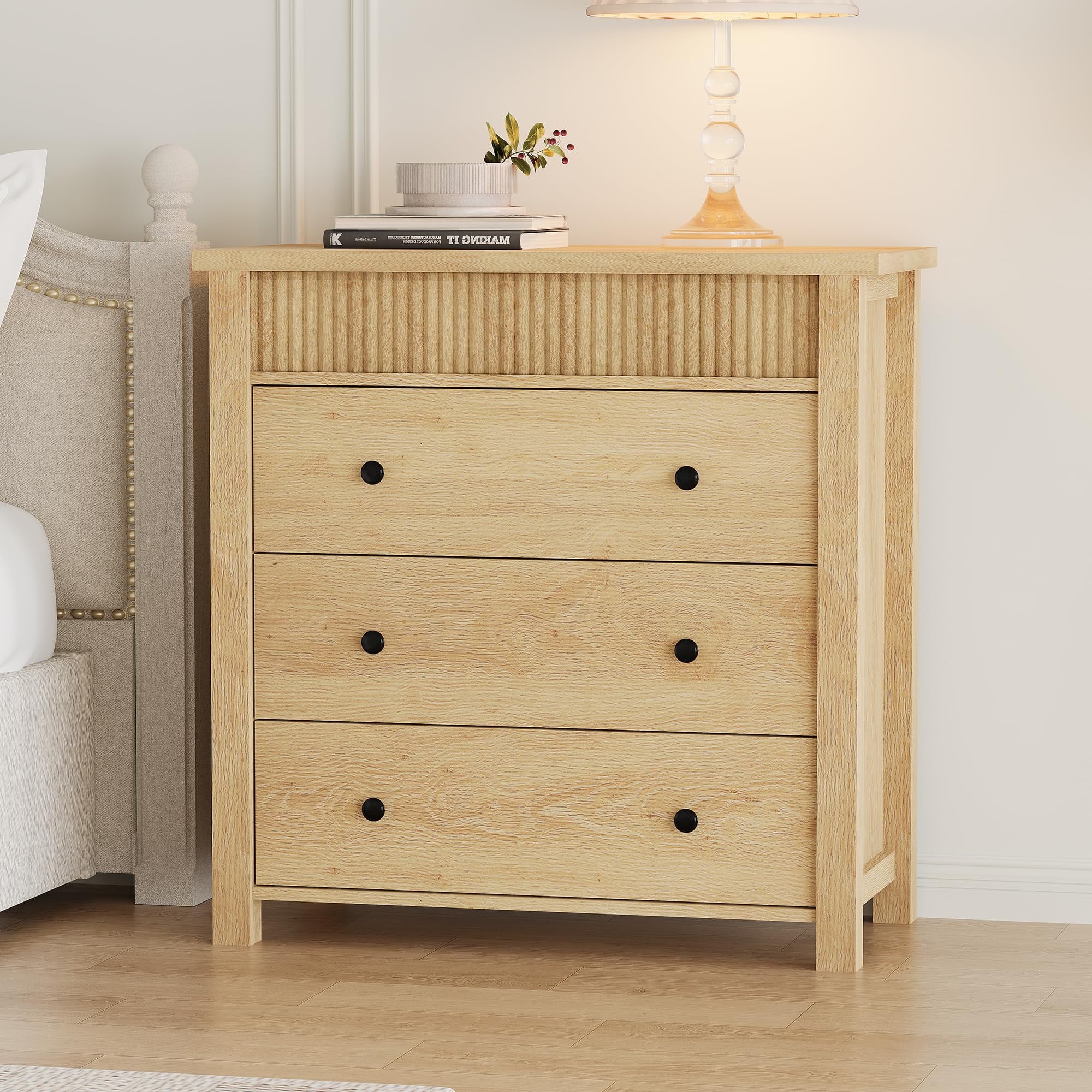 GAOMON 3-Drawer Fluted Wooden Nightstand- Natural Oak- Versatile ...