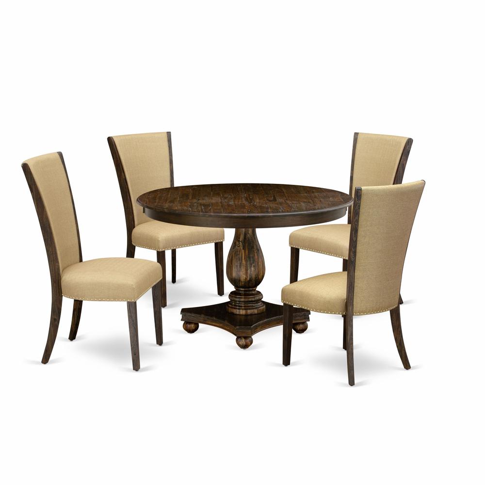 East West Furniture F2VE5-703 5 Piece Modern Dining Set Pedestal Dining Table and 4 Brown Color Parson Dining Chairs with High Back Distressed Jacobean Finish