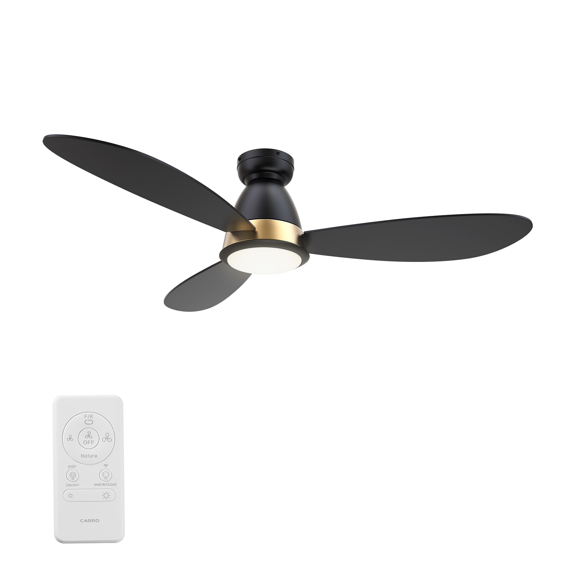 CARRO USA LS523Q7-L12-B2-1-FM Fayette 52-in Integrated LED Outdoor Flush Mount Smart Black with Black Blades Ceiling Fan With Light - Remote Included ( 3 -Blade )