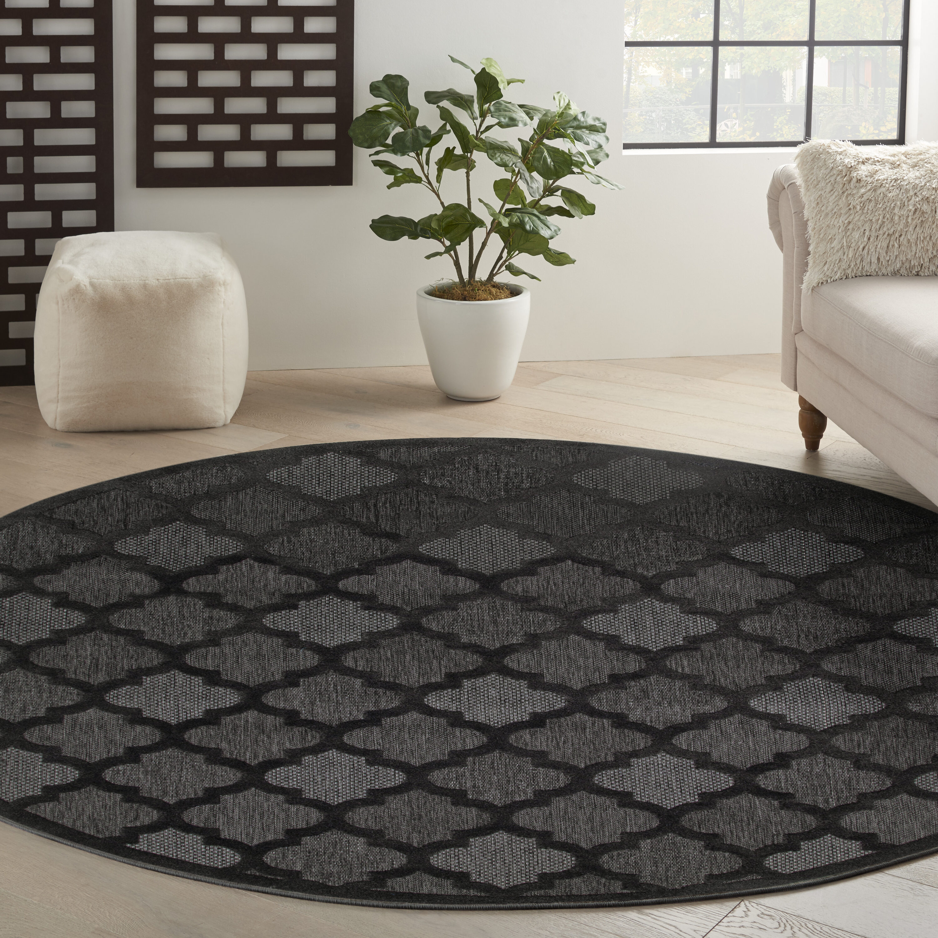 Nourison Home 099446934826 Easy Care 8 x 8 (ft) Polyester/Polypropylene Charcoal Black Round Indoor/Outdoor Trellis Area rug