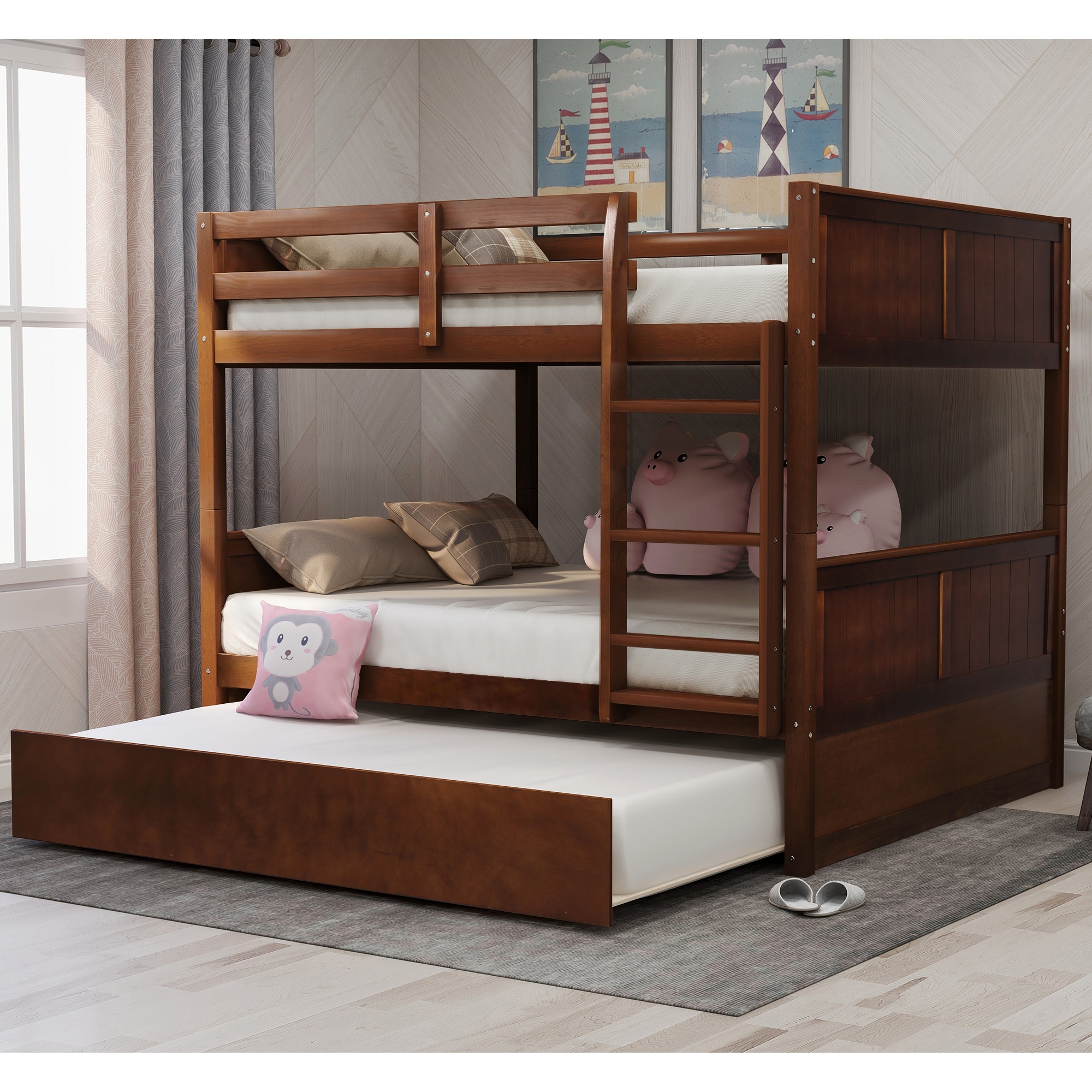 ModernLuxe LT000350AAL Full Over Full Bunk Bed with Twin Size Trundle Walnut