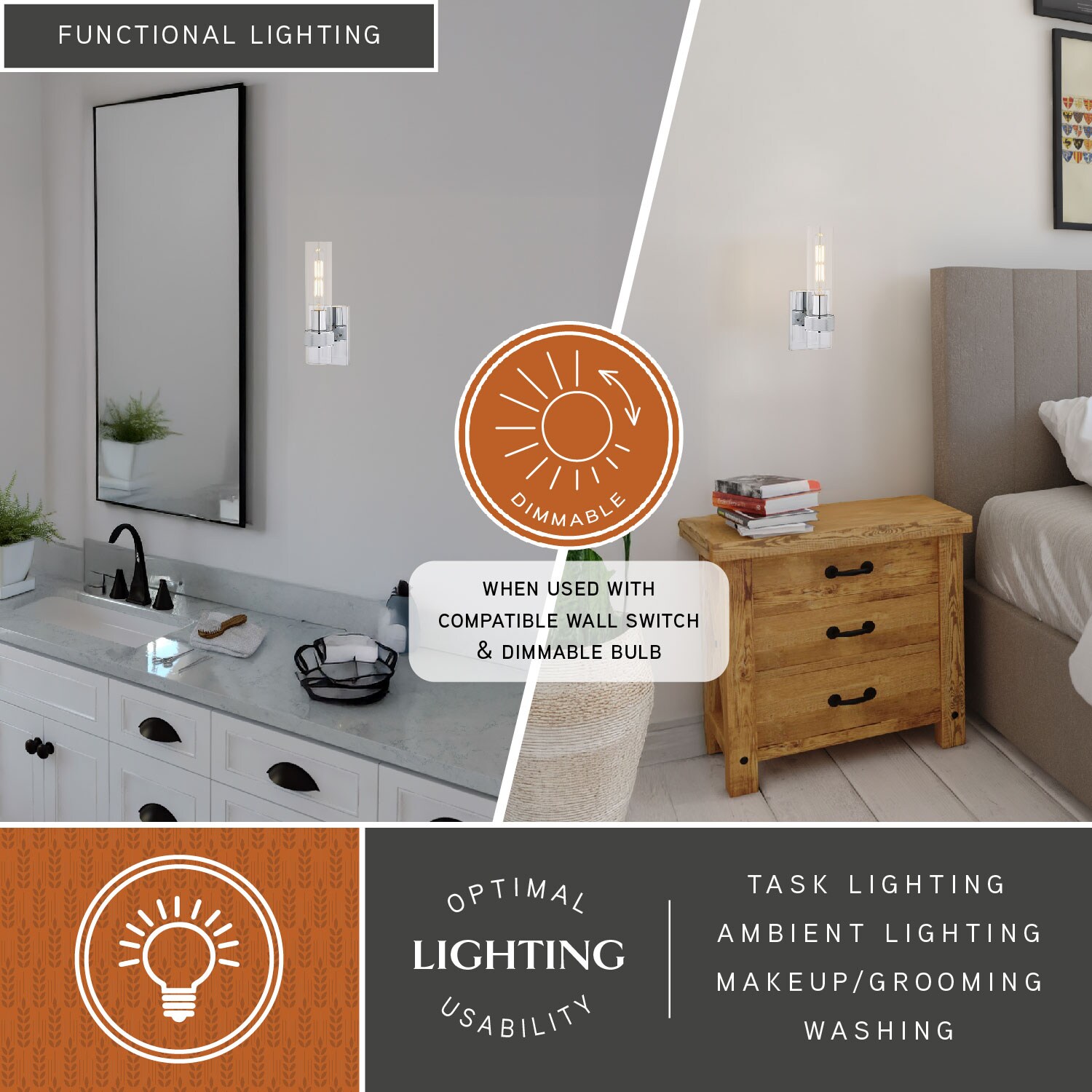 Chrome Cylinder Direct Wired Electric Wall Sconce with Clear Glass Shade
