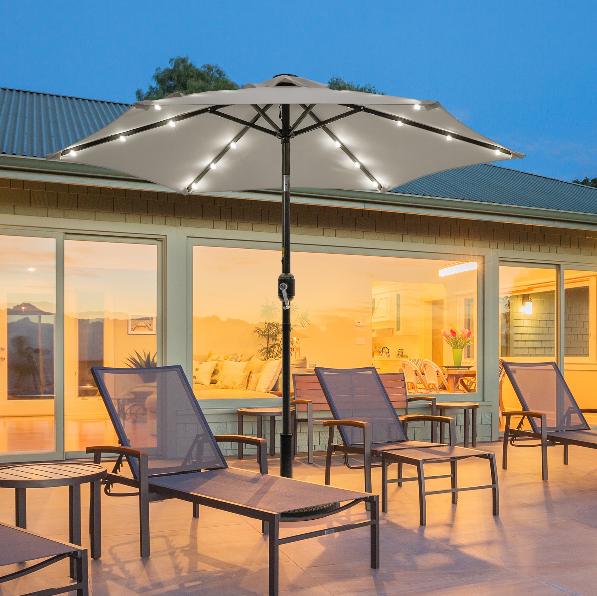 Sonkuki SD-LED90BG 7.5-Feet Steel Beige Push-button Tilt Market Patio Umbrella with Lights and