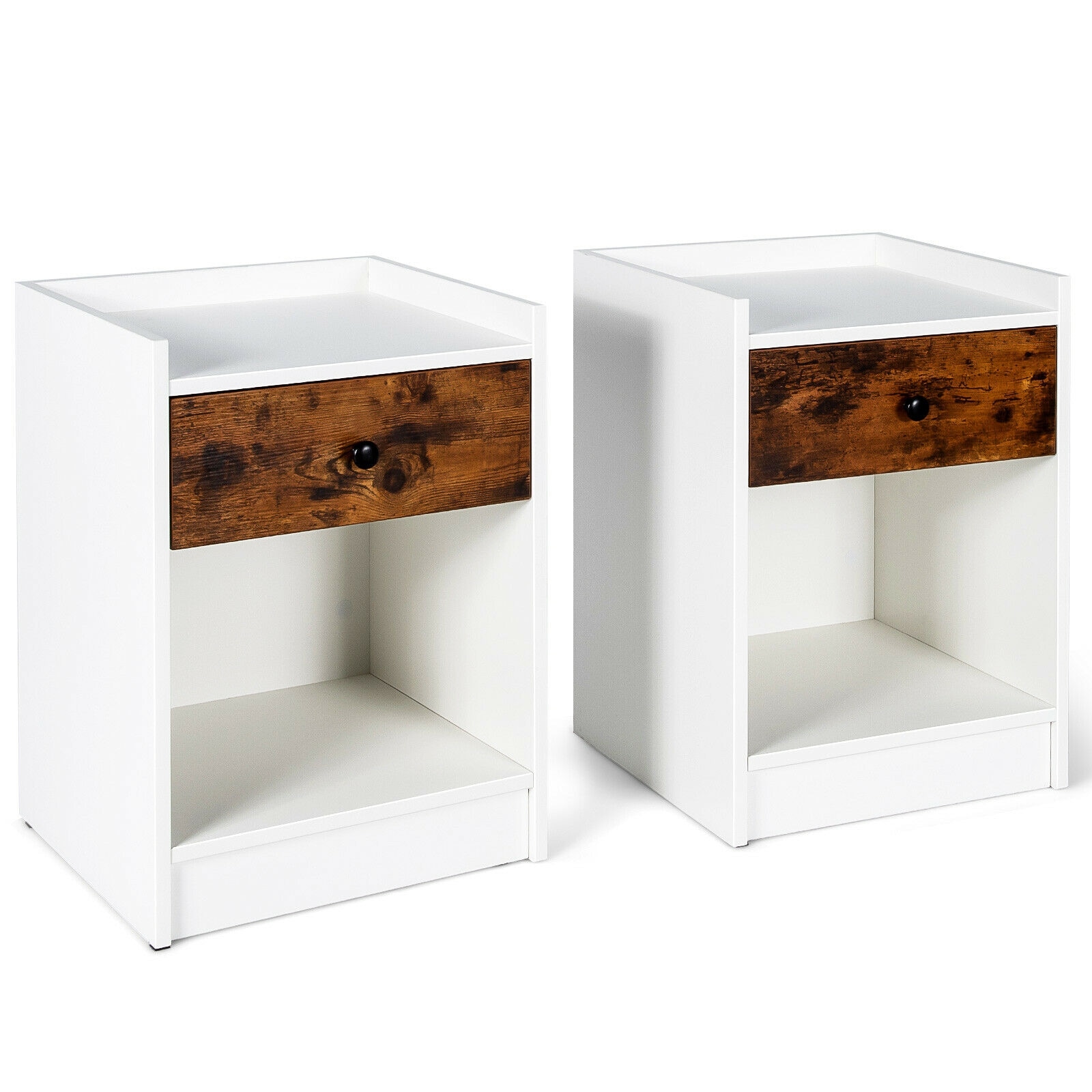 Slickblue D-CO-2-HW03101UH Set of 2 White Engineered Wood Nightstands with Raised Top Drawer and Open Compartment for Bedroom or Living Room