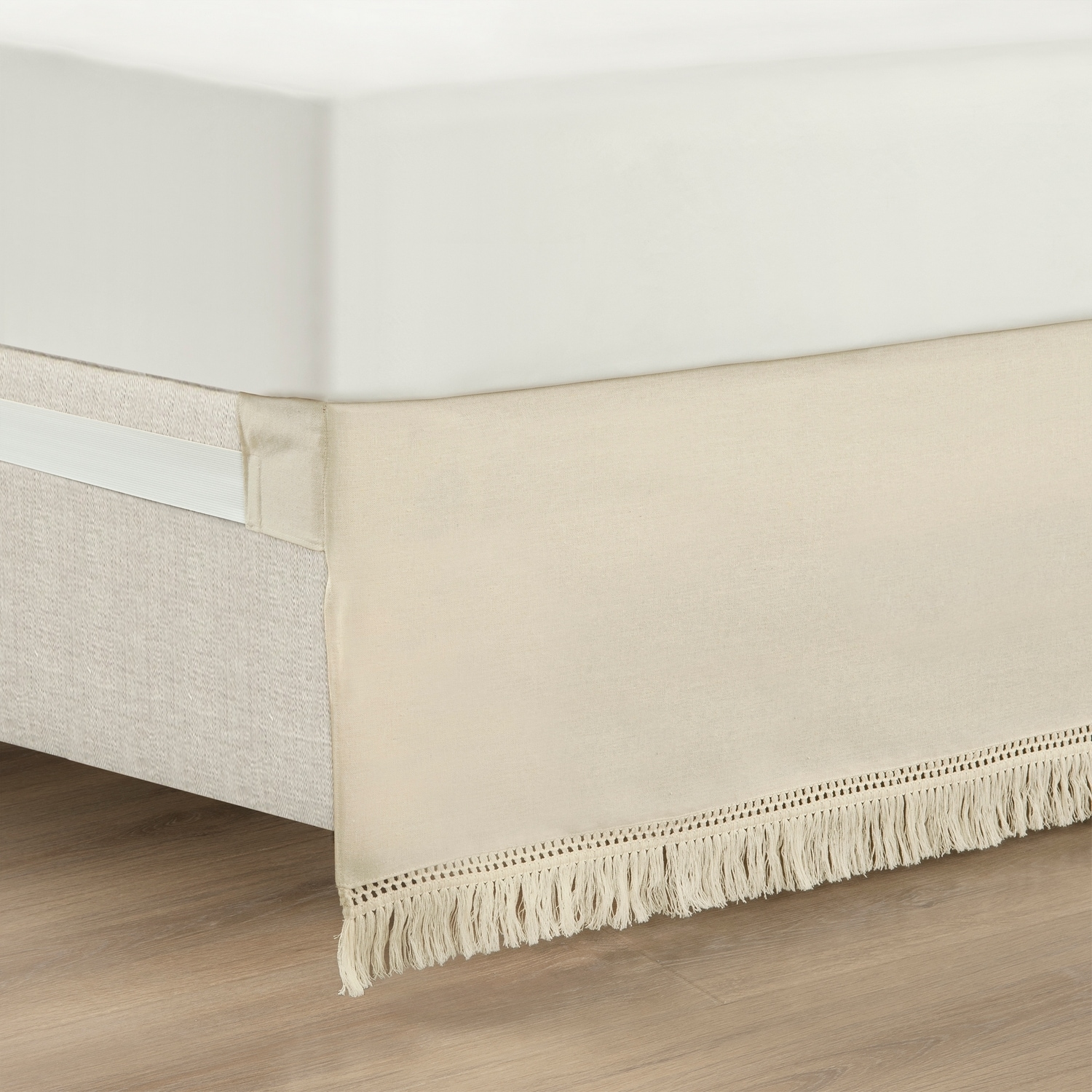 Neutral Queen Cotton Polyester Fringe Bed Skirt