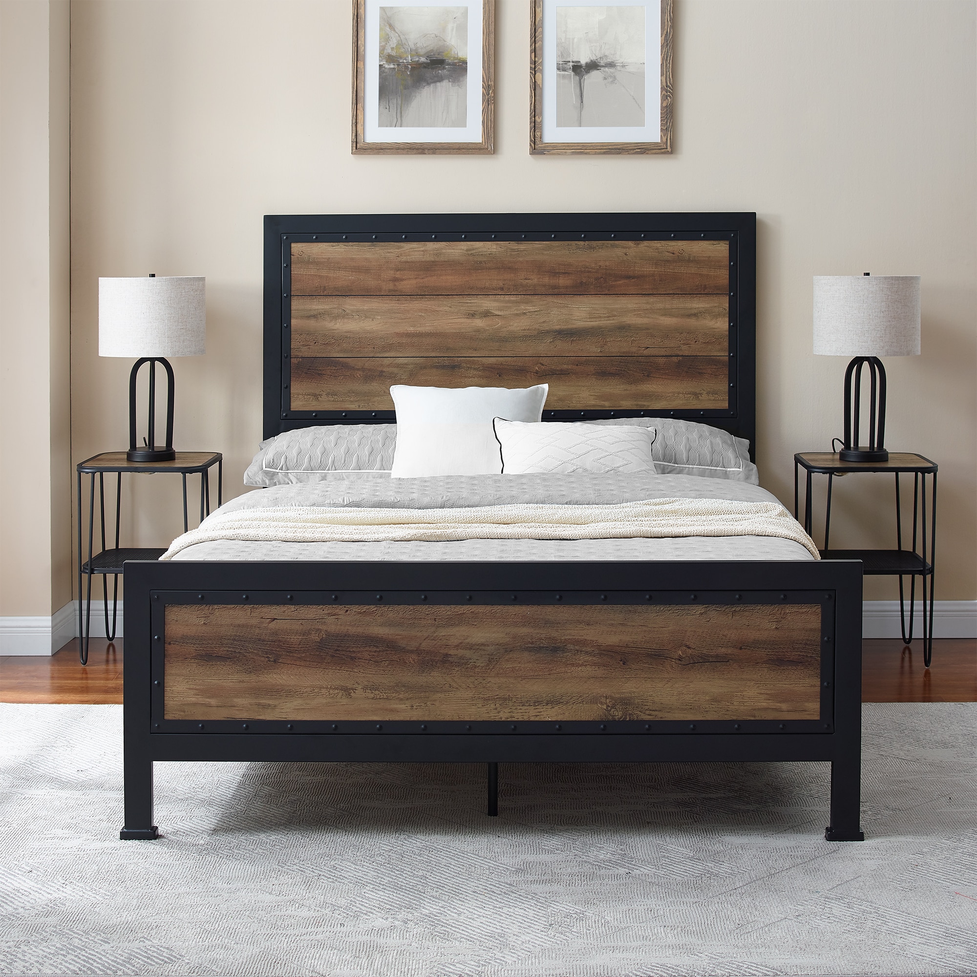 Walker Edison Rustic Oak Queen Metal Bed Frame in the Beds department ...