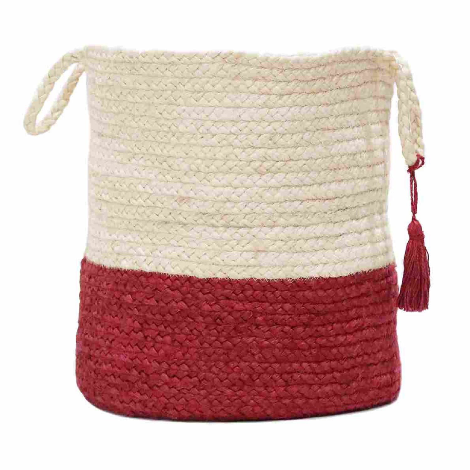 LR Home 9498A0084934J8 ( 17-in W x 17-in H x 17-in D ) Bleached White/Off-White/Cranberry Red Jute Basket