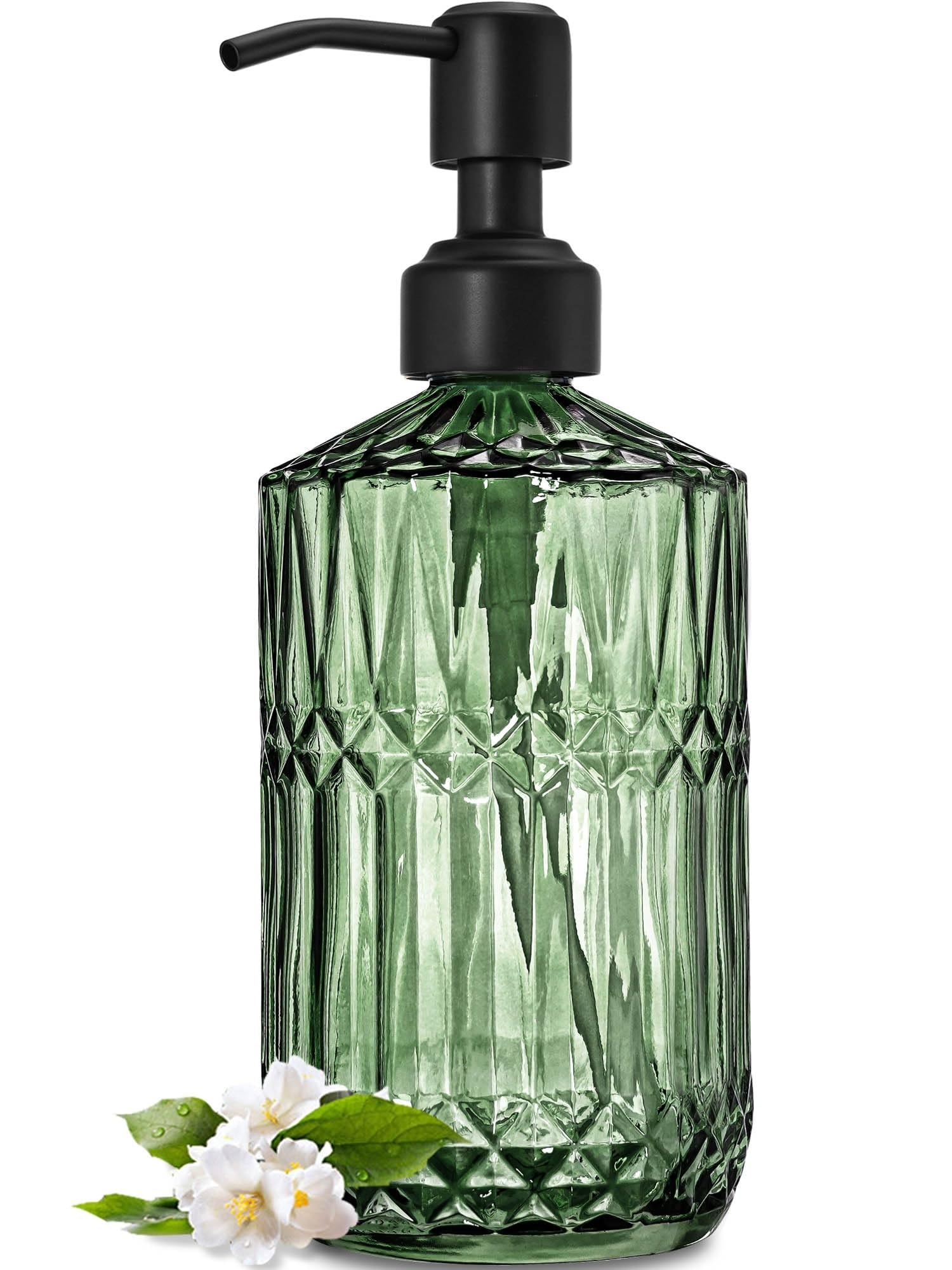 Anqtovp 18Oz Green Glass Soap Dispenser with Black Rust Proof Pump Diamond Cut Design Refillable for Kitchen Bathroom Hand Soap Dish Soap Lotion #L05AN10092