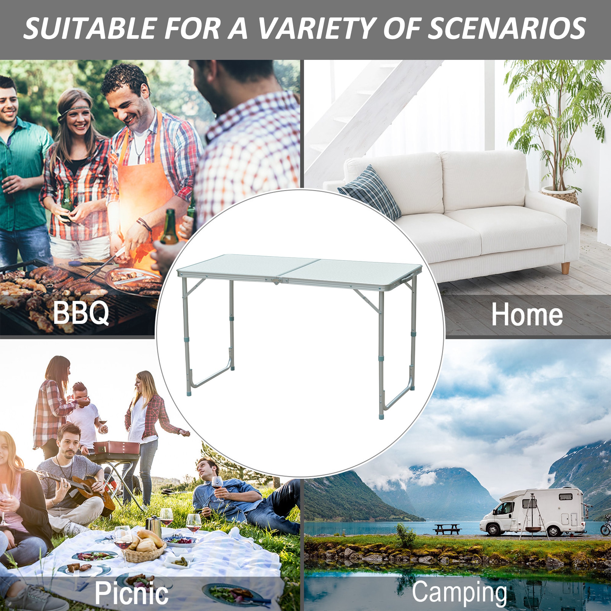 Outsunny Silver Aluminum Folding Camping Table with Carry Handle