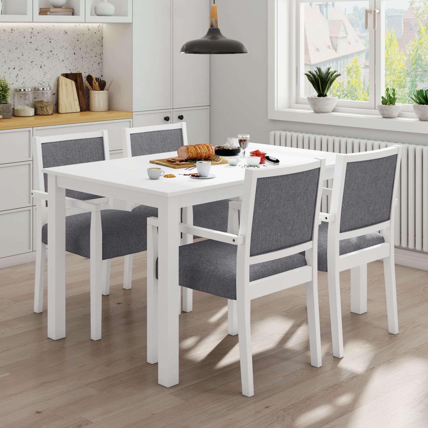 JASMODER SP000004AAE Wood 5-Piece Dining Table Set With 4 Arm Upholstered Dining Chairs, Gray
