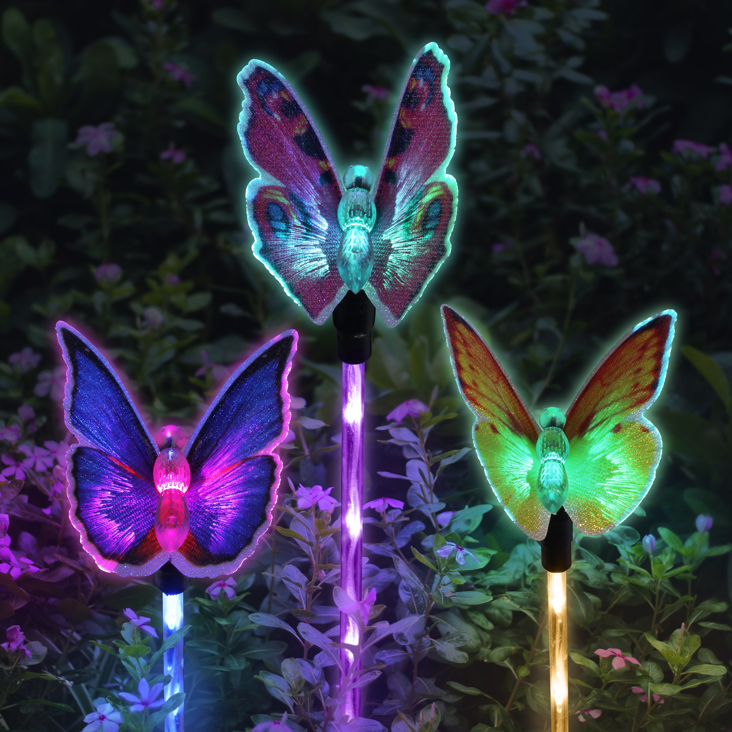 Solar Fiber Optic Butterfly Garden Stakes with Color-Changing LEDs
