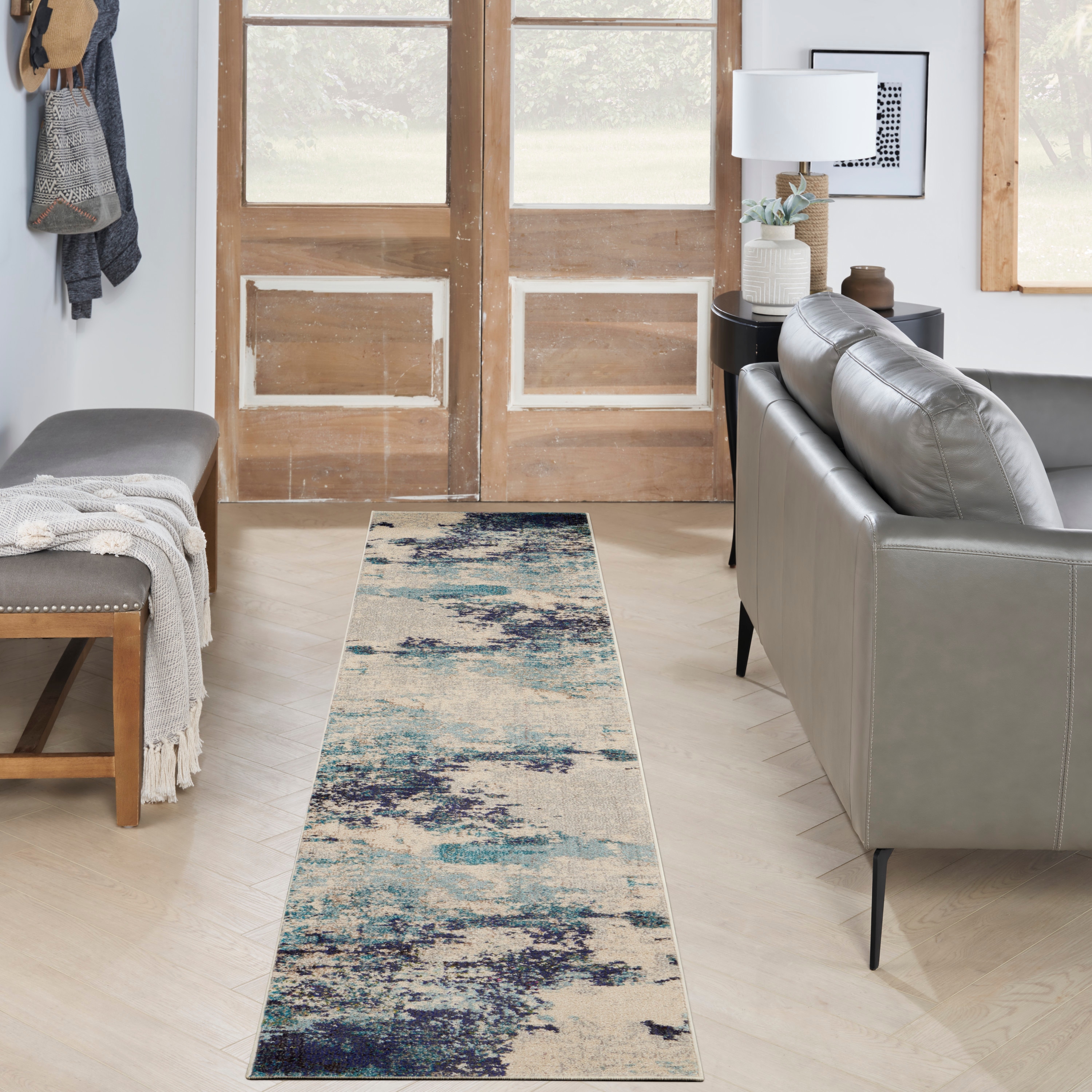 Nourison 99446473790 Celestial 2 x 10 (ft) Loomed Polypropylene Ivory/teal blue Irregular Indoor Ombre Area rug