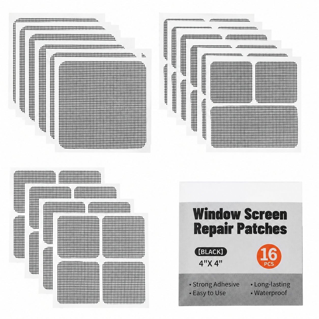 KHKFY  16 Sheet Window Screen Repair Kit Black Fiberglass Mesh Patch Strong Adhesive for Door and Window Tear Hole Quick Fix 3 Sizes Waterproof
